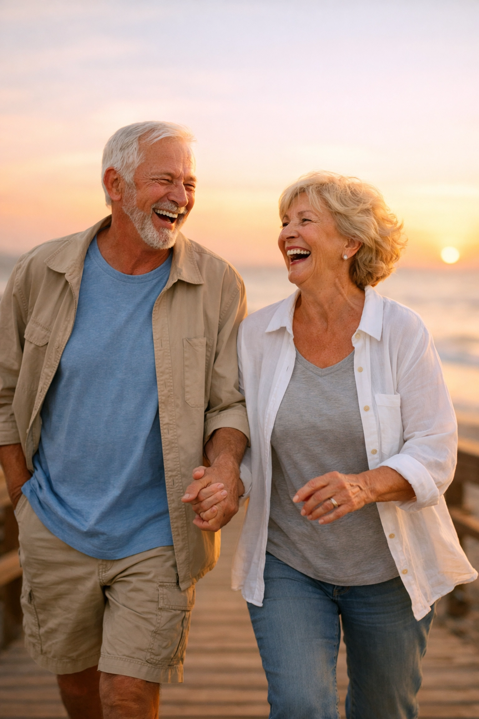 Happy retired couple enjoying beach vacation with sustainable retirement income and financial freedom