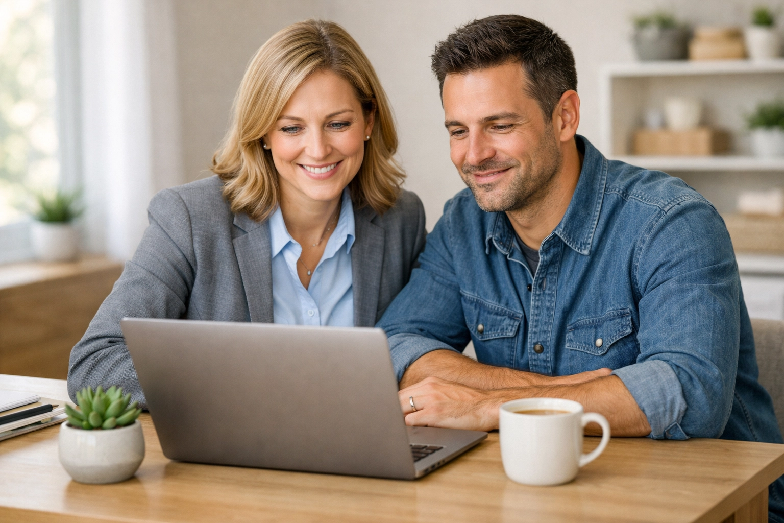 A relaxed business owner and bookkeeper reviewing financial data together for peace of mind.