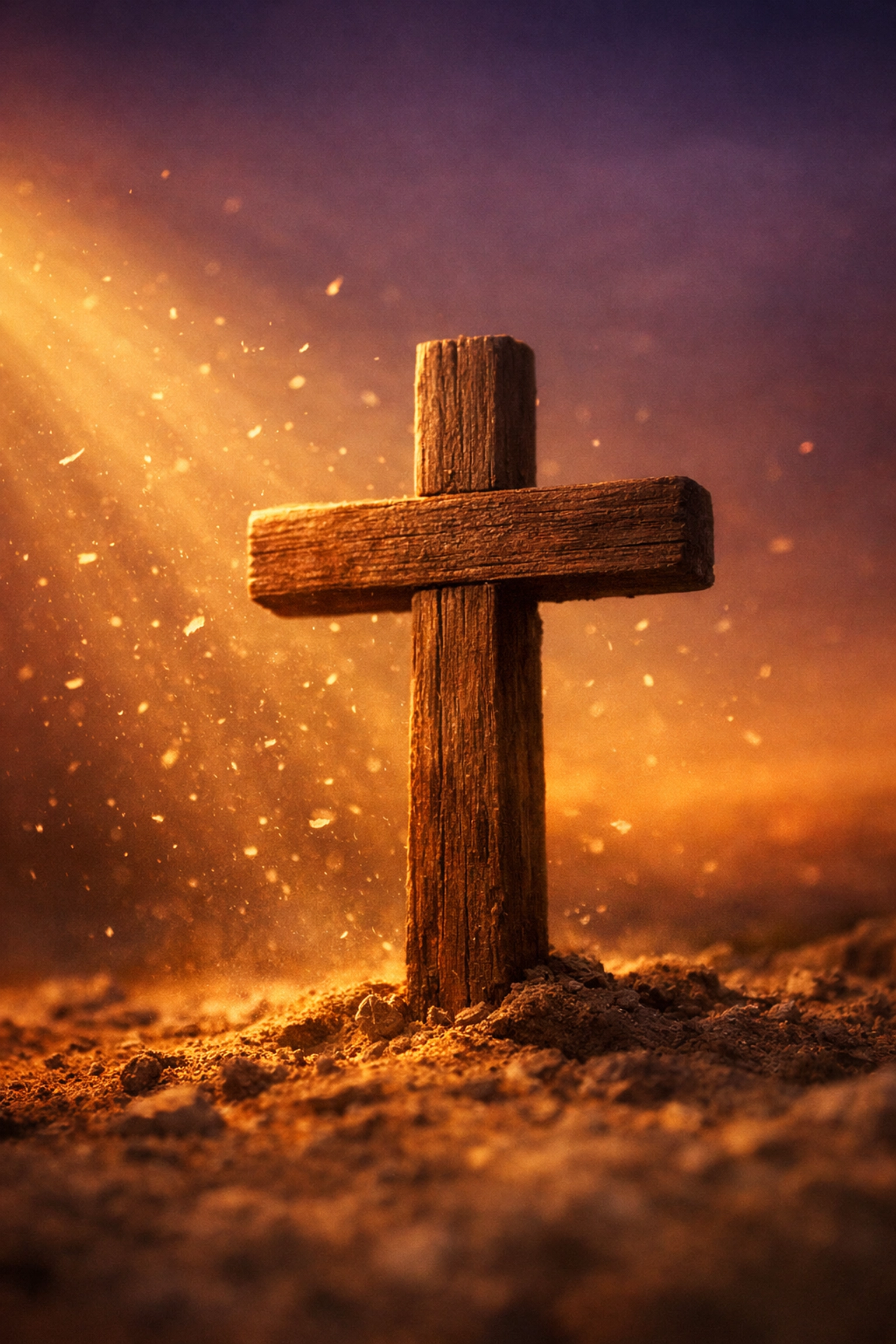 Wooden cross at sunrise with ash particles symbolizing Ash Wednesday and Lent season