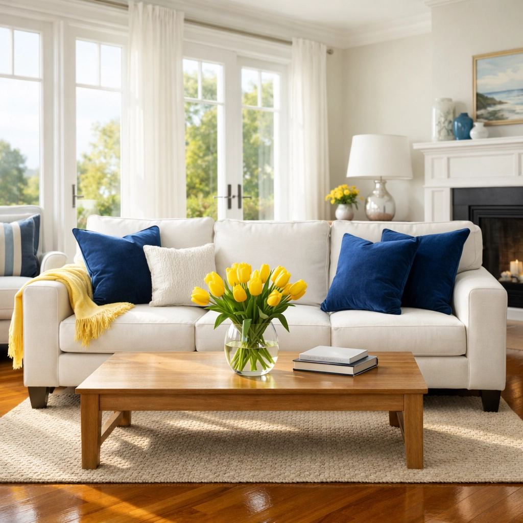 Clean MA living room with polished floors showing the results of regular professional cleaning.