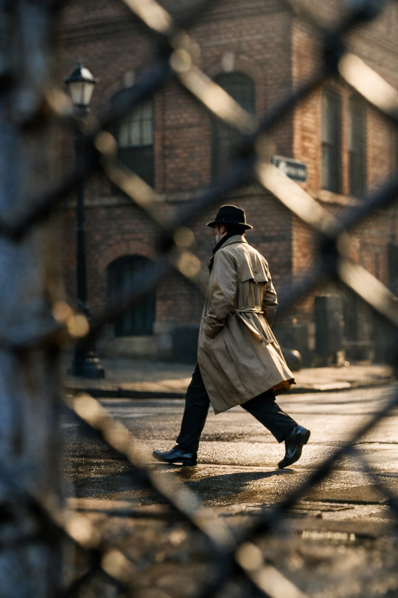 Creative street photography idea using a chain-link fence to frame a person walking in the city.
