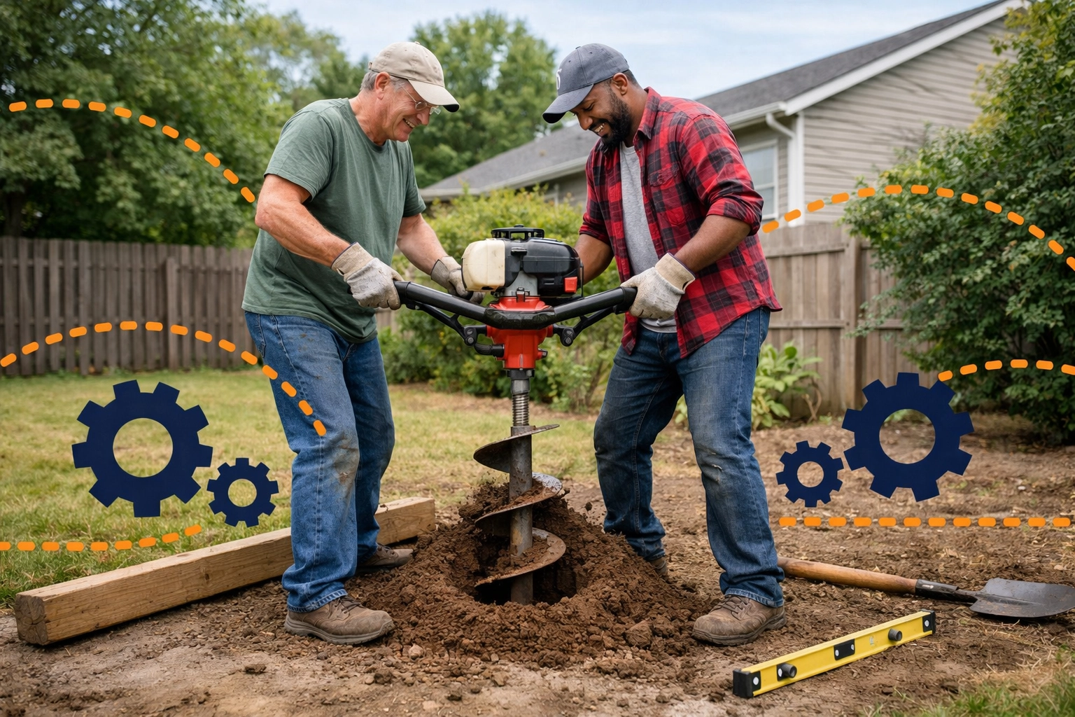 Neighbors collaborating to dig fence holes using a rented power auger from Chartrflex.