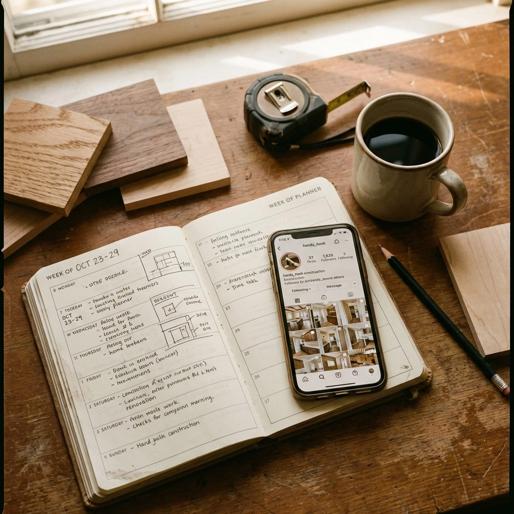 Contractor's desk with planner, Instagram app, coffee, and wood samples, visualizing weekly posting system for renovation contractors.