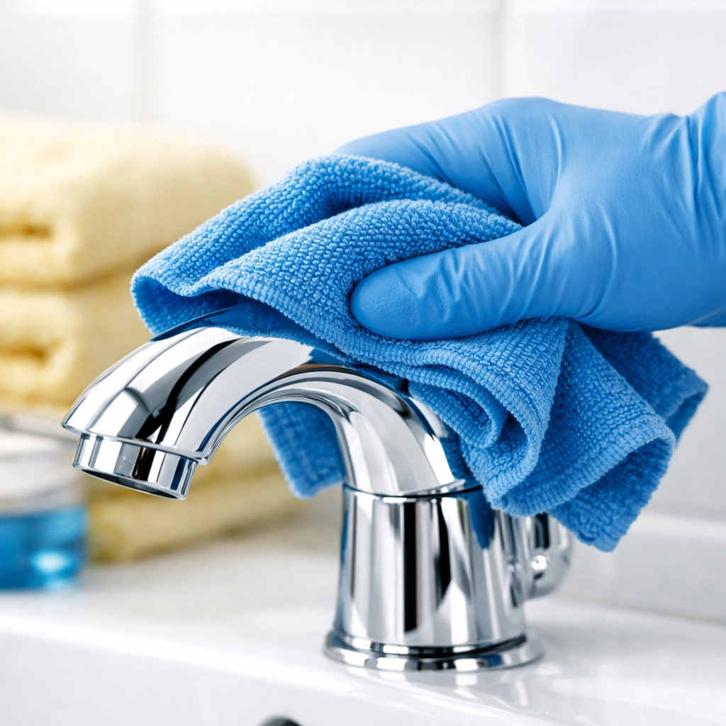 Professional cleaner using a microfiber cloth to clean a chrome bathroom faucet in Natick.