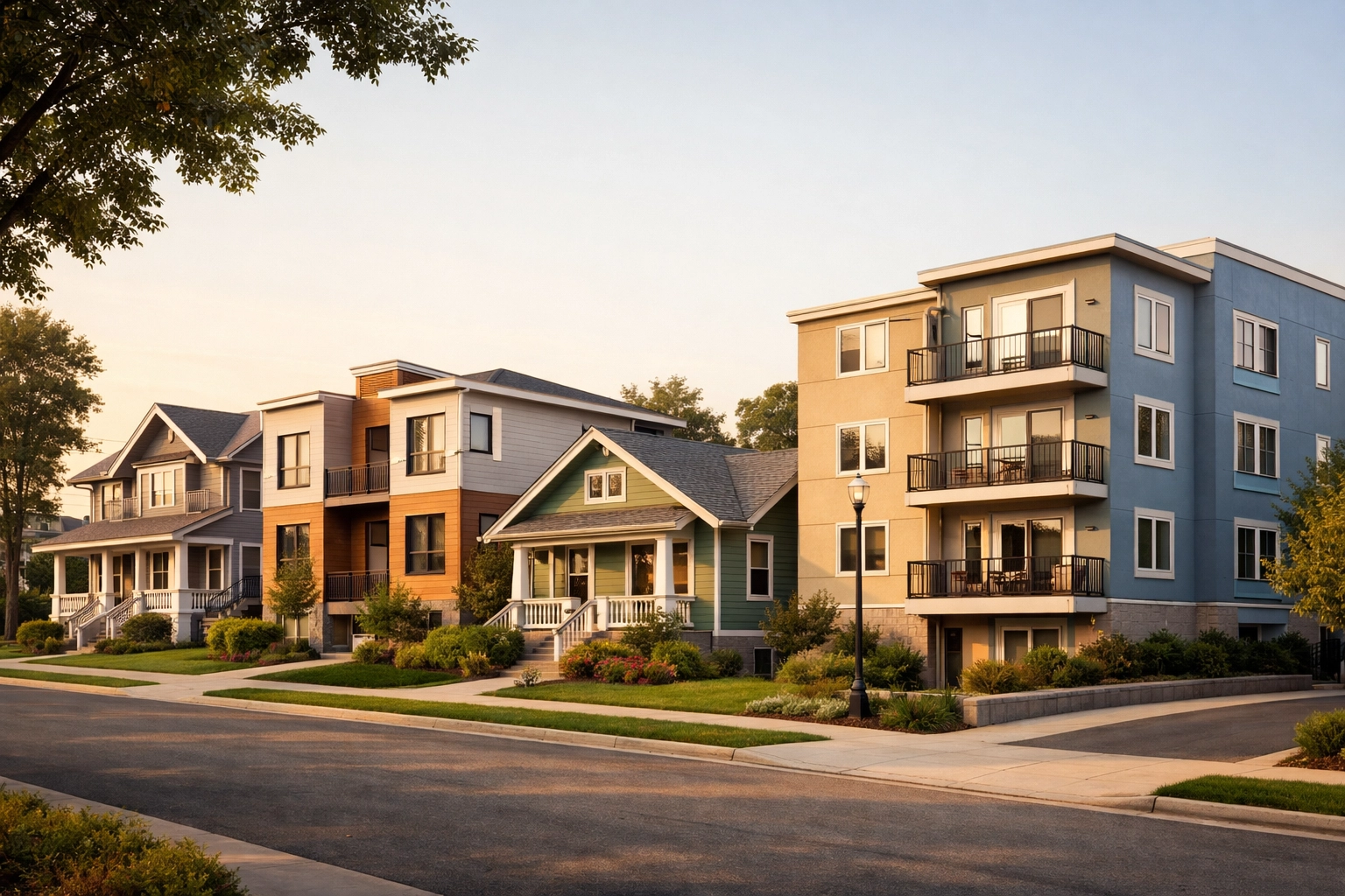 Multiple rental properties including single-family homes and duplexes on residential street