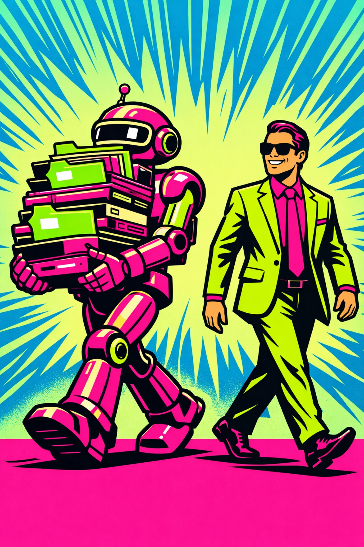 An AI assistant robot helping a small business owner manage digital files and marketing workflows.