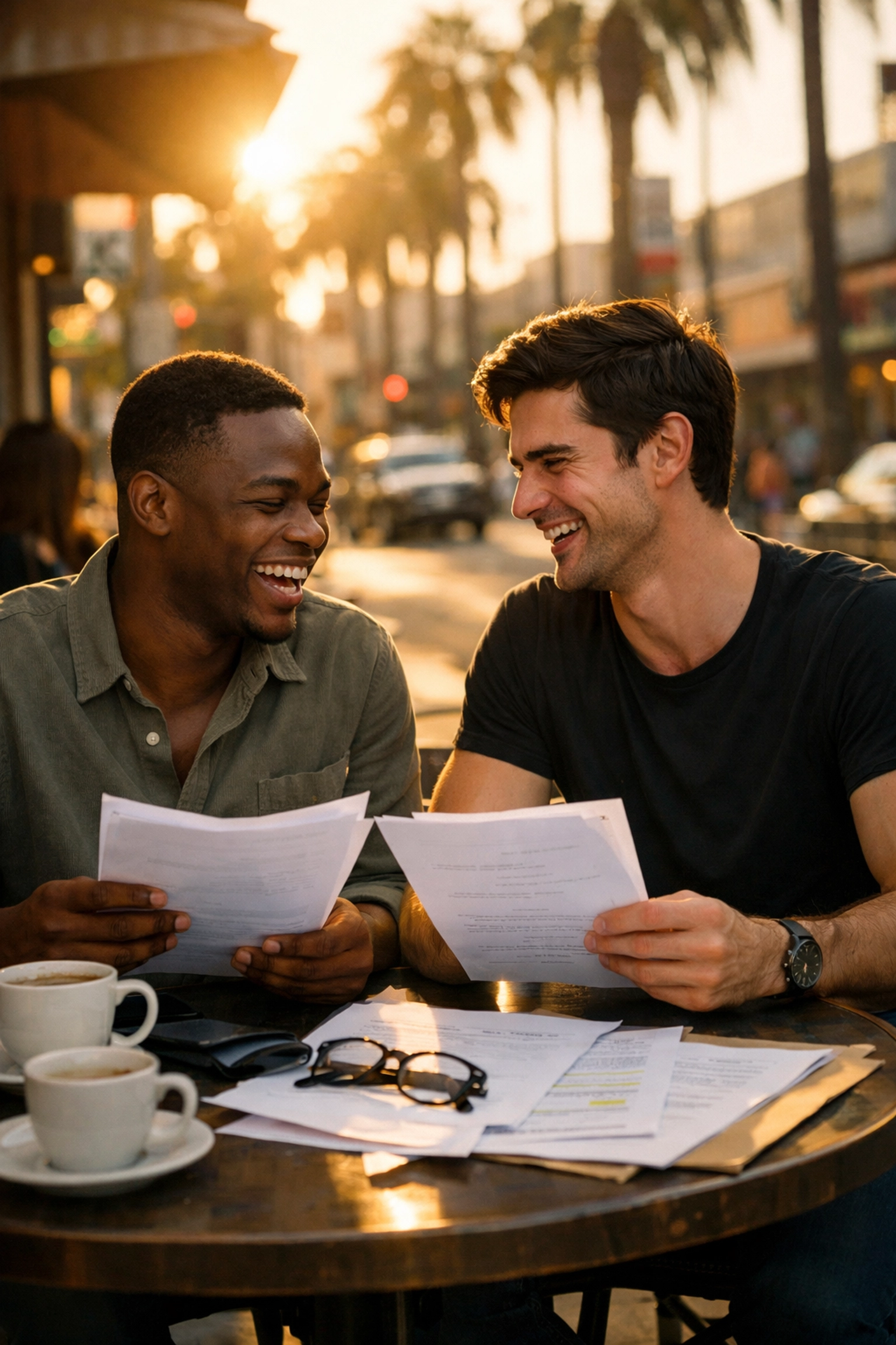 Two gay actors bonding over coffee and scripts in Los Angeles after audition