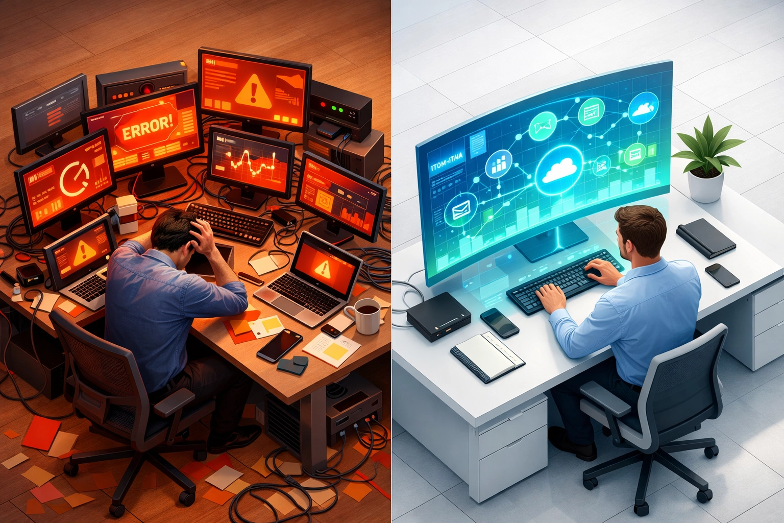 Siloed ITOM and ITAM systems versus integrated ServiceNow implementation showing improved efficiency