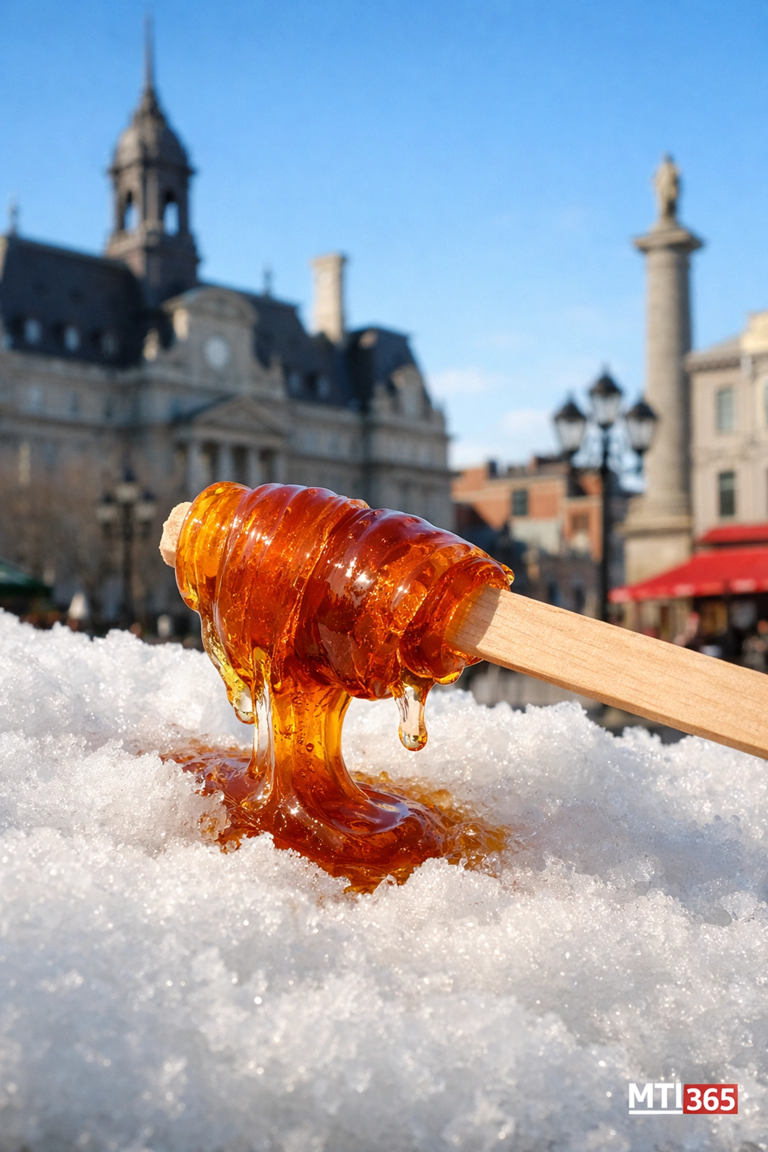 Maple taffy on snow being rolled onto a stick in historic Old Montreal during the spring season.