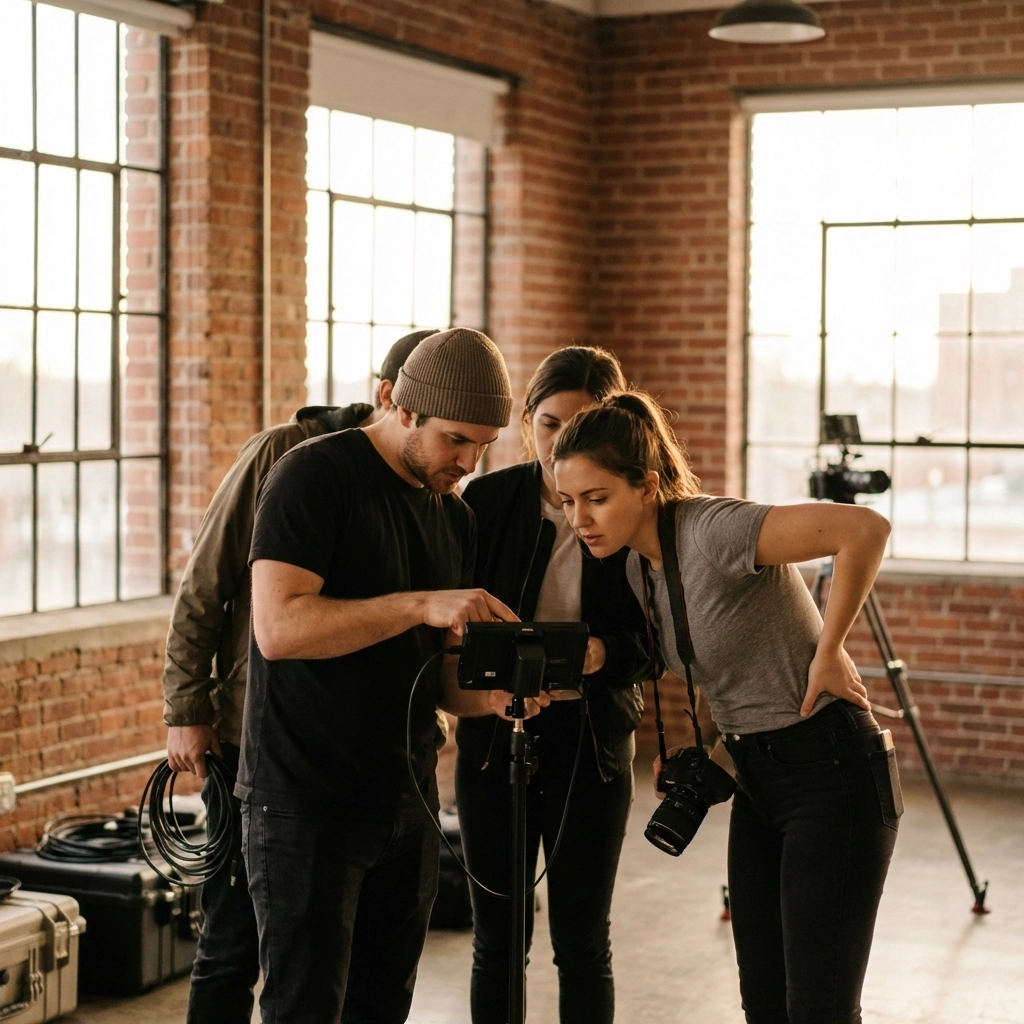 Video team collaborating and reviewing footage during a Pennsylvania production shoot