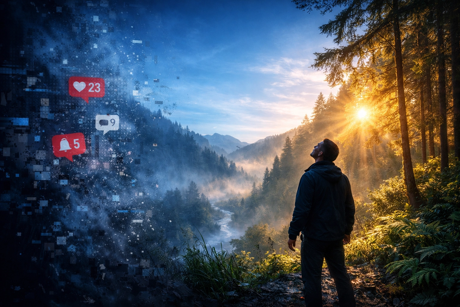 Mental reset showing a person transitioning from digital distractions to nature for neuroplasticity.