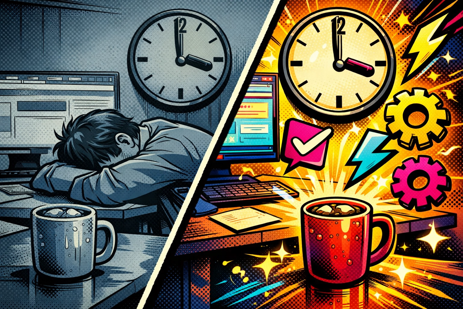 Business owner experiencing 3pm slump vs energized automation with business automation tools