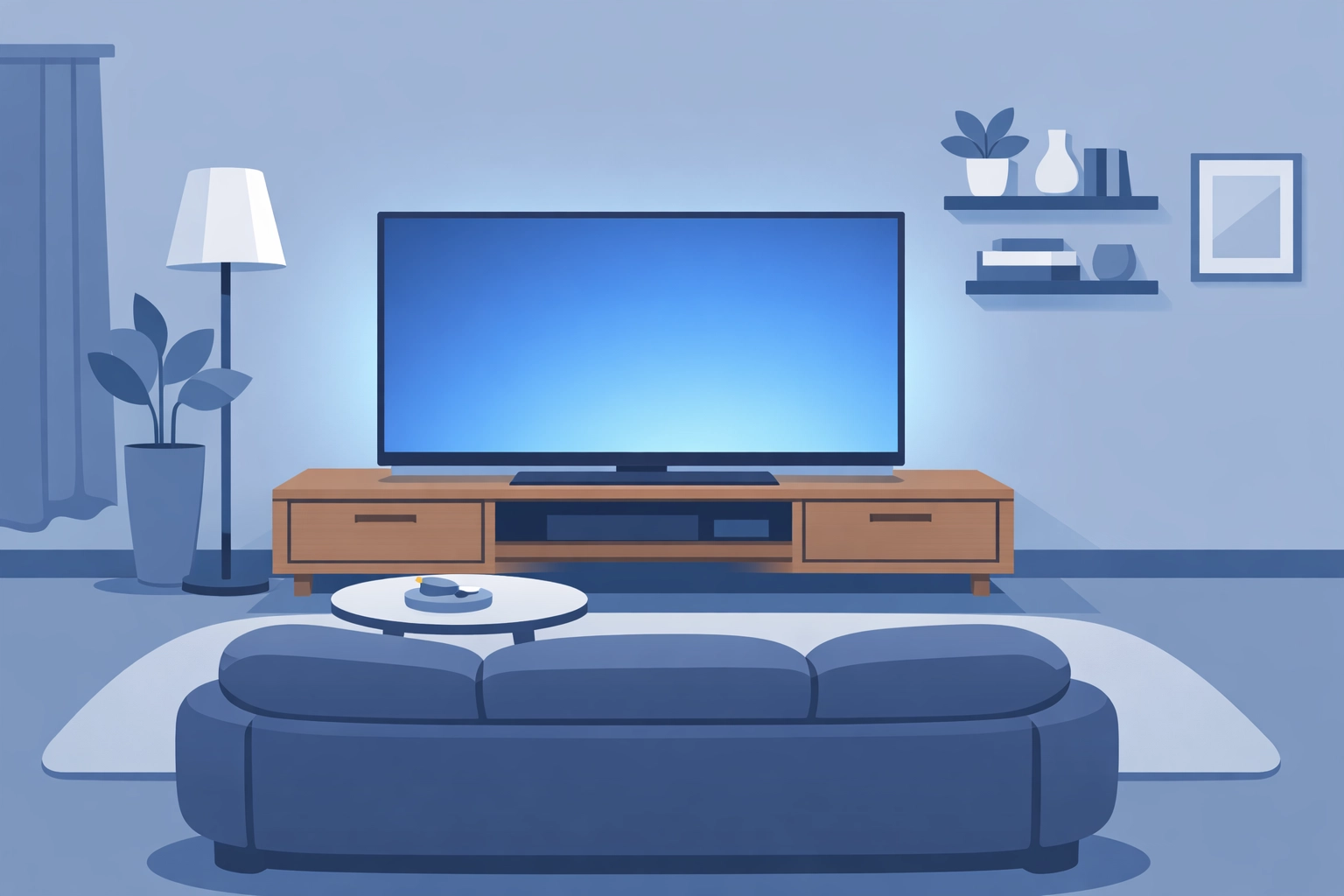 Modern living room with a smart TV displaying political connected TV advertising to a voter household.