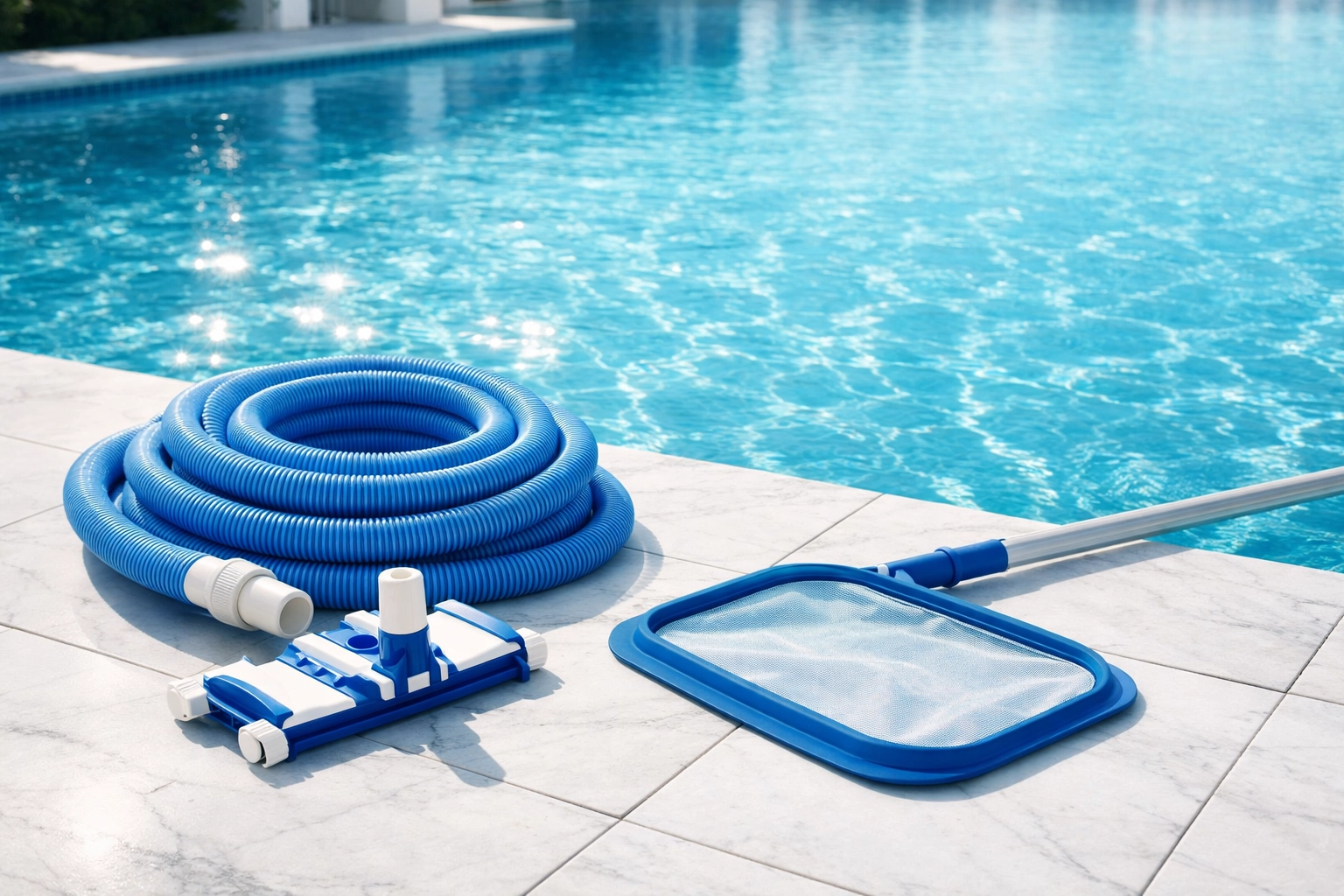 Luxury swimming pool and maintenance tools representing the assets of a pool route business.