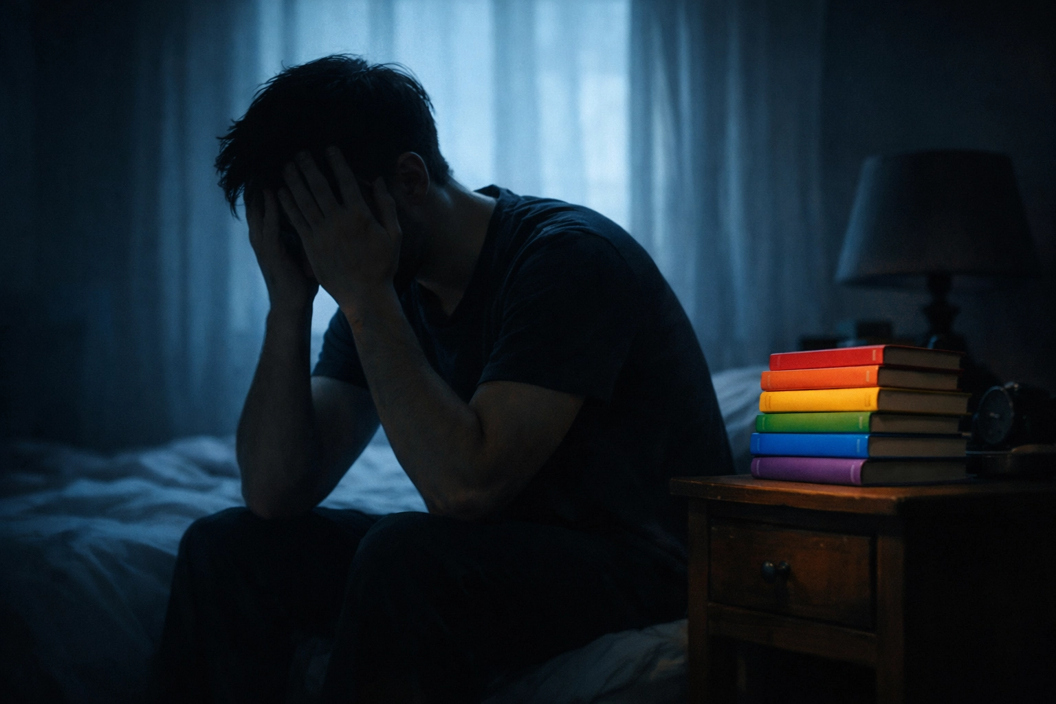 A gay man experiencing burnout from a toxic job, reflecting on mental health with queer books nearby.