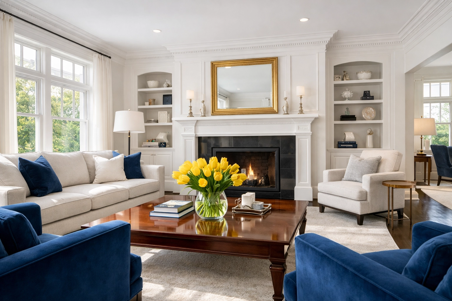 Pristine high-end living room in Dedham MA after a professional deep cleaning service.