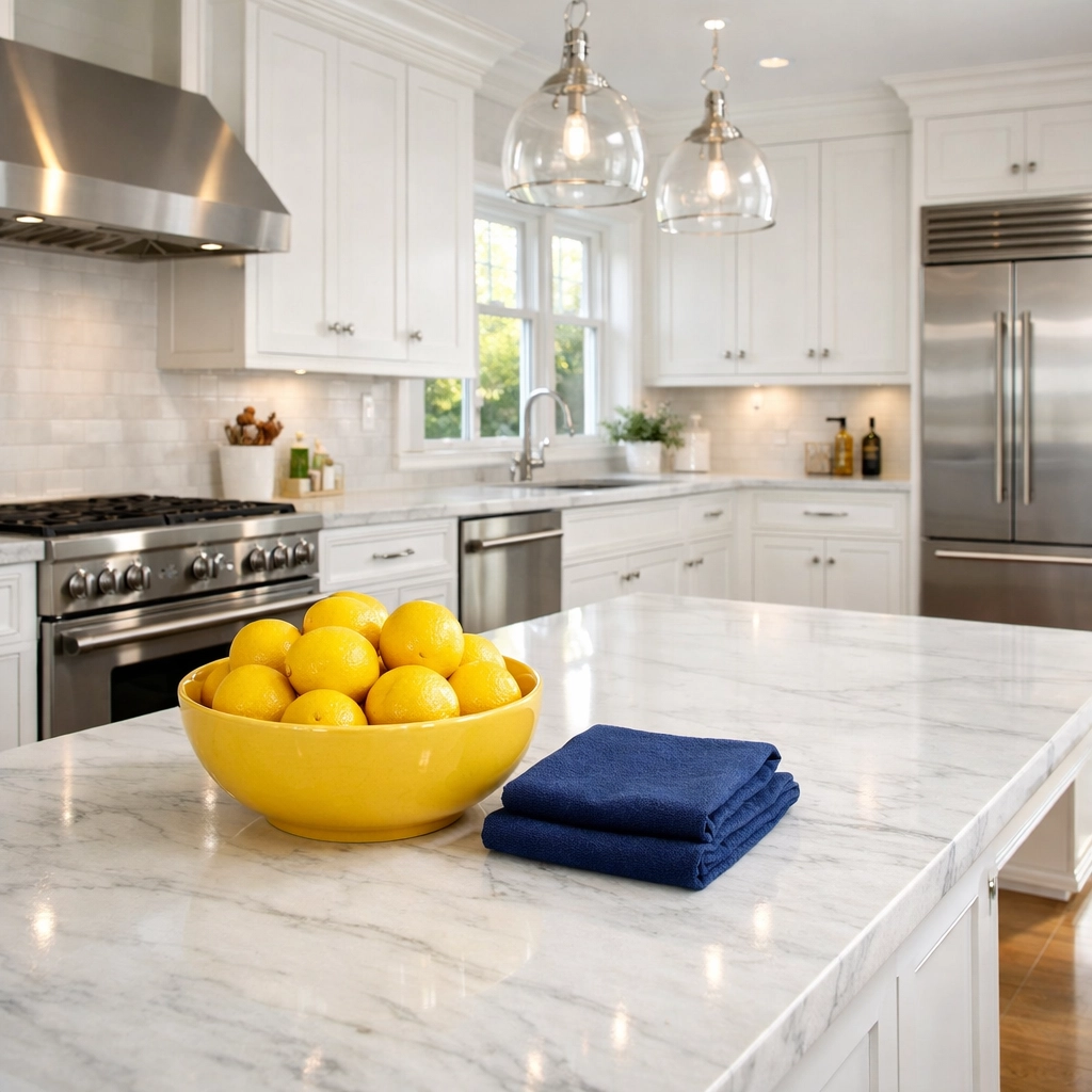 Spotless luxury kitchen in Lincoln featuring white marble counters after a professional deep cleaning service.