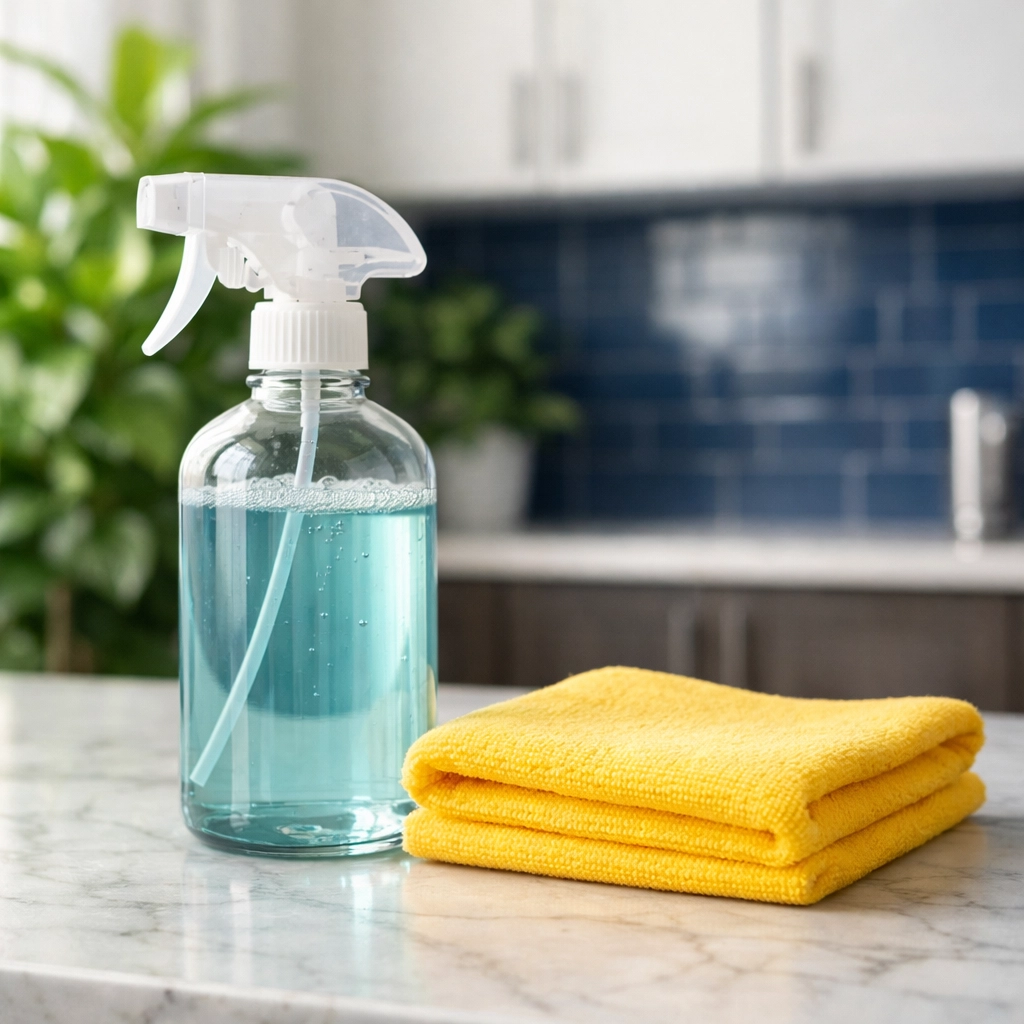 Sustainable eco-friendly cleaning tools and spray in a high-end Norwood commercial breakroom.