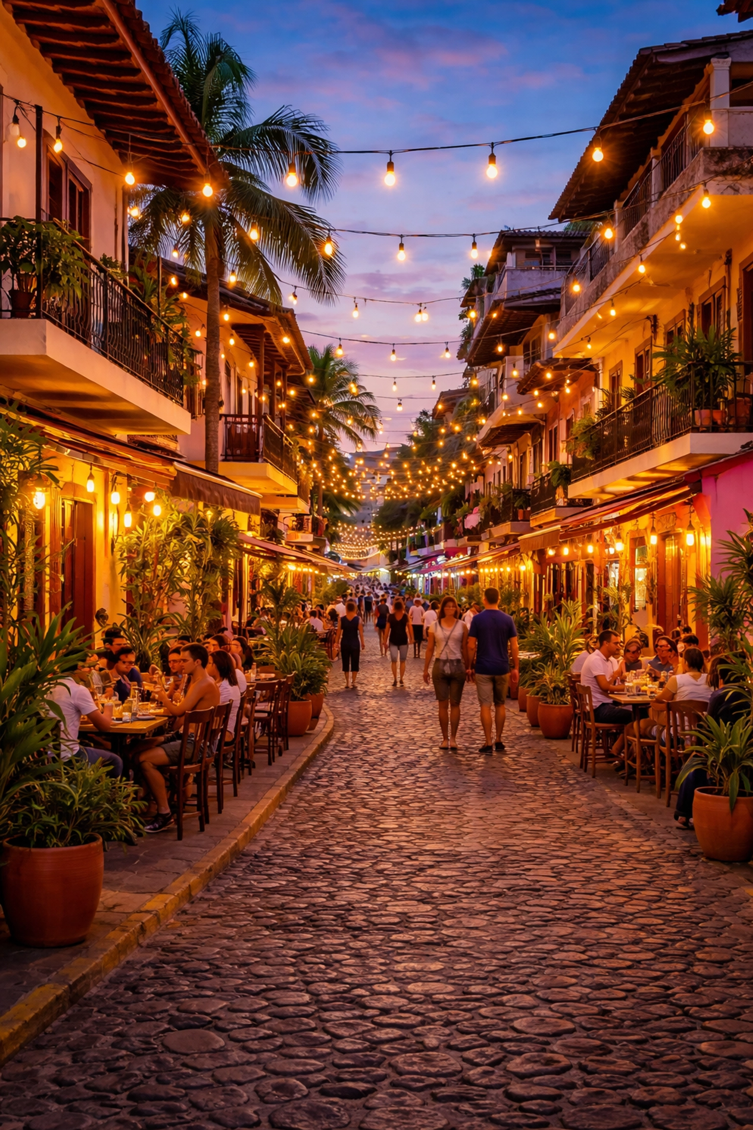 Colorful cobblestone street scene in Old Town Puerto Vallarta with outdoor dining and vibrant local life.