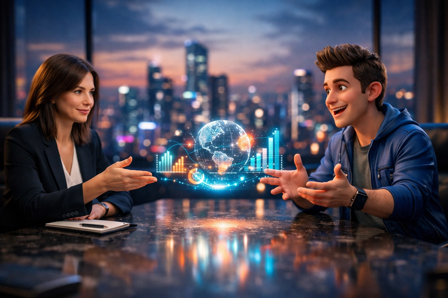 Digital avatars comparing Apple Persona and Meta Codec Avatar in a virtual business meeting.