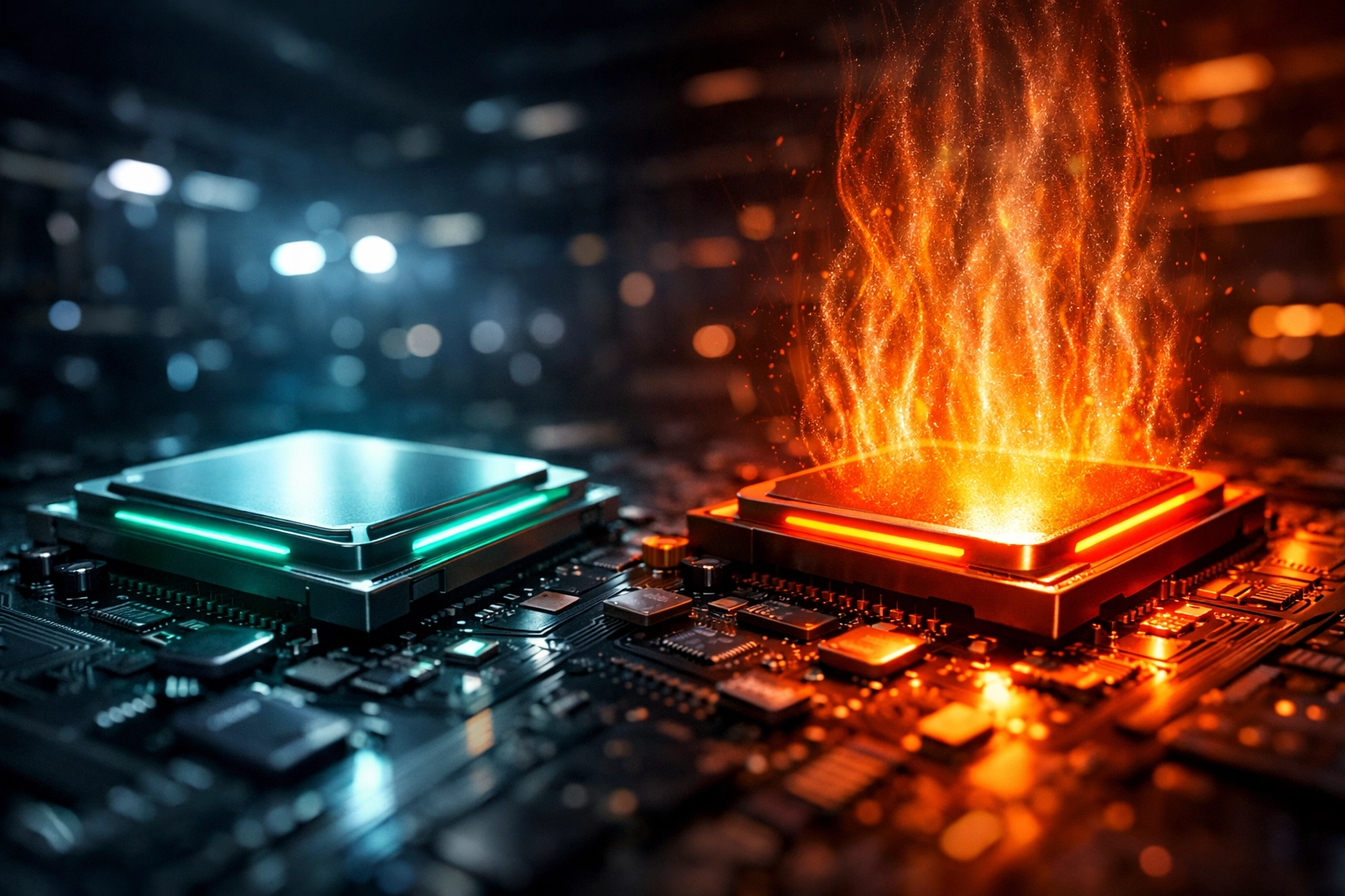 Comparison of an energy-efficient computer processor versus an overheating high-energy processor.
