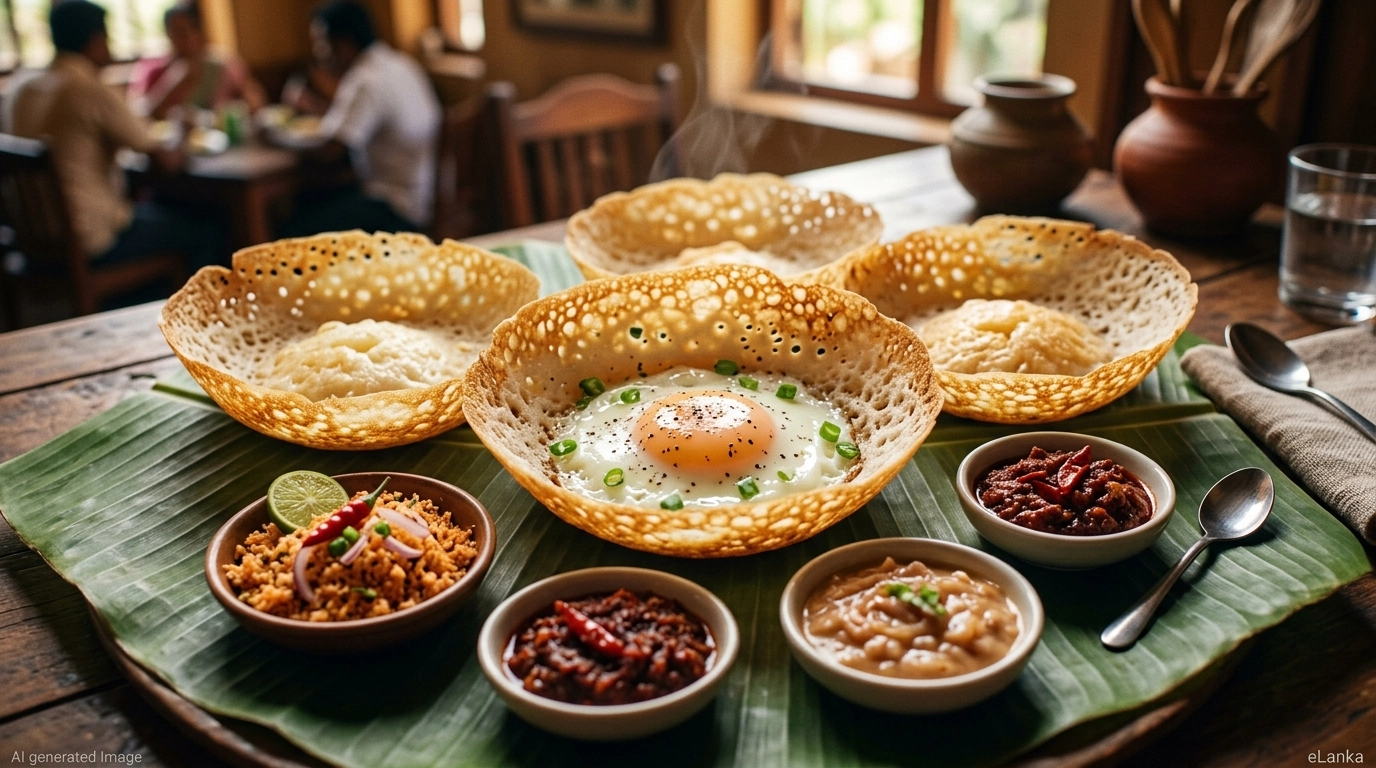 High-quality AI-generated featured image of Sri Lankan hoppers with golden crispy edges, served with sambols, branded with 'AI generated Image' and 'eLanka'.