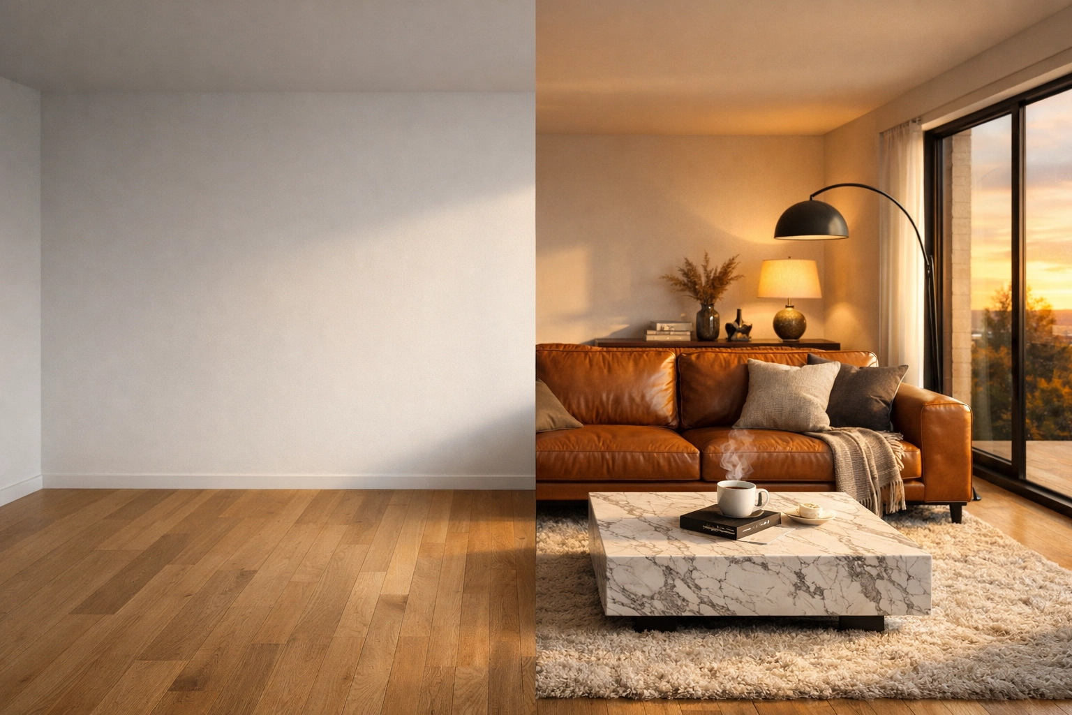 AI virtual staging transformation of an empty room into a luxury furnished living space.