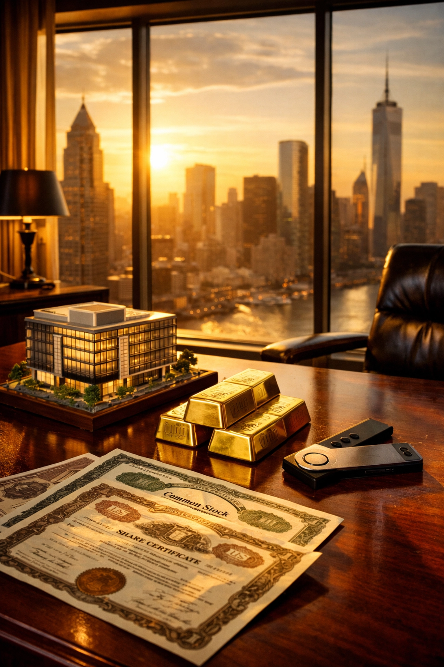Luxury office desk displaying alternative investments: real estate model, gold bars, and investment documents