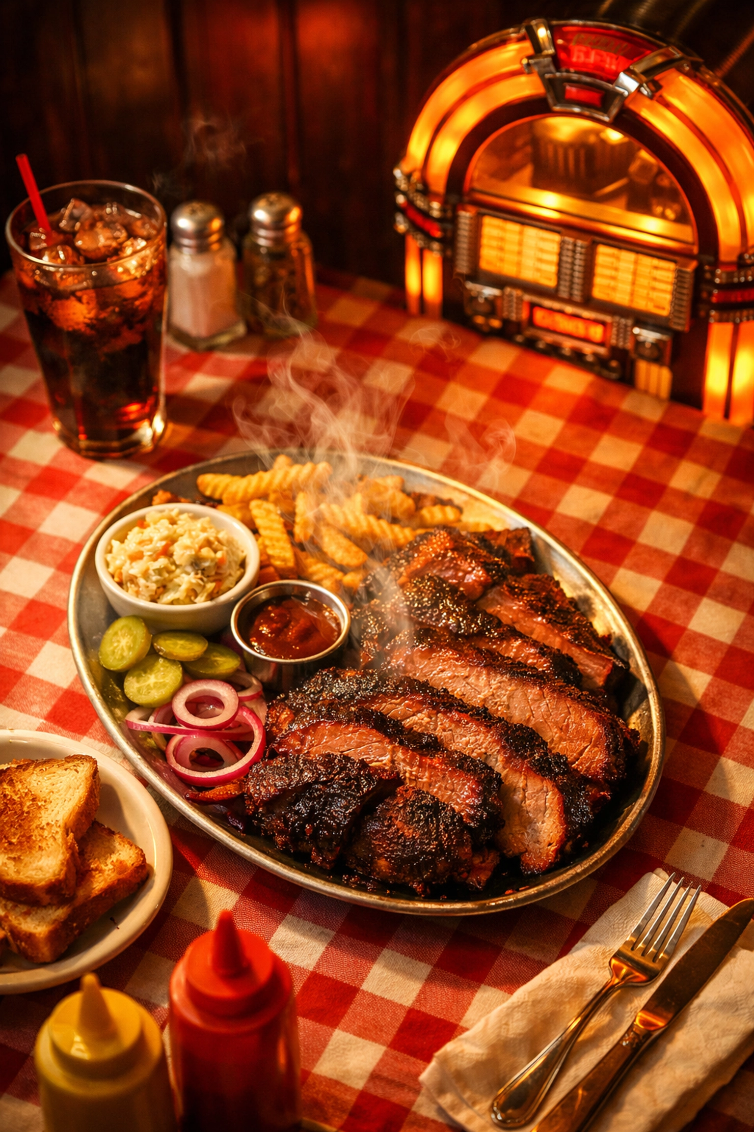 Smoky BBQ brisket on diner table with vintage jukebox representing rockabilly era