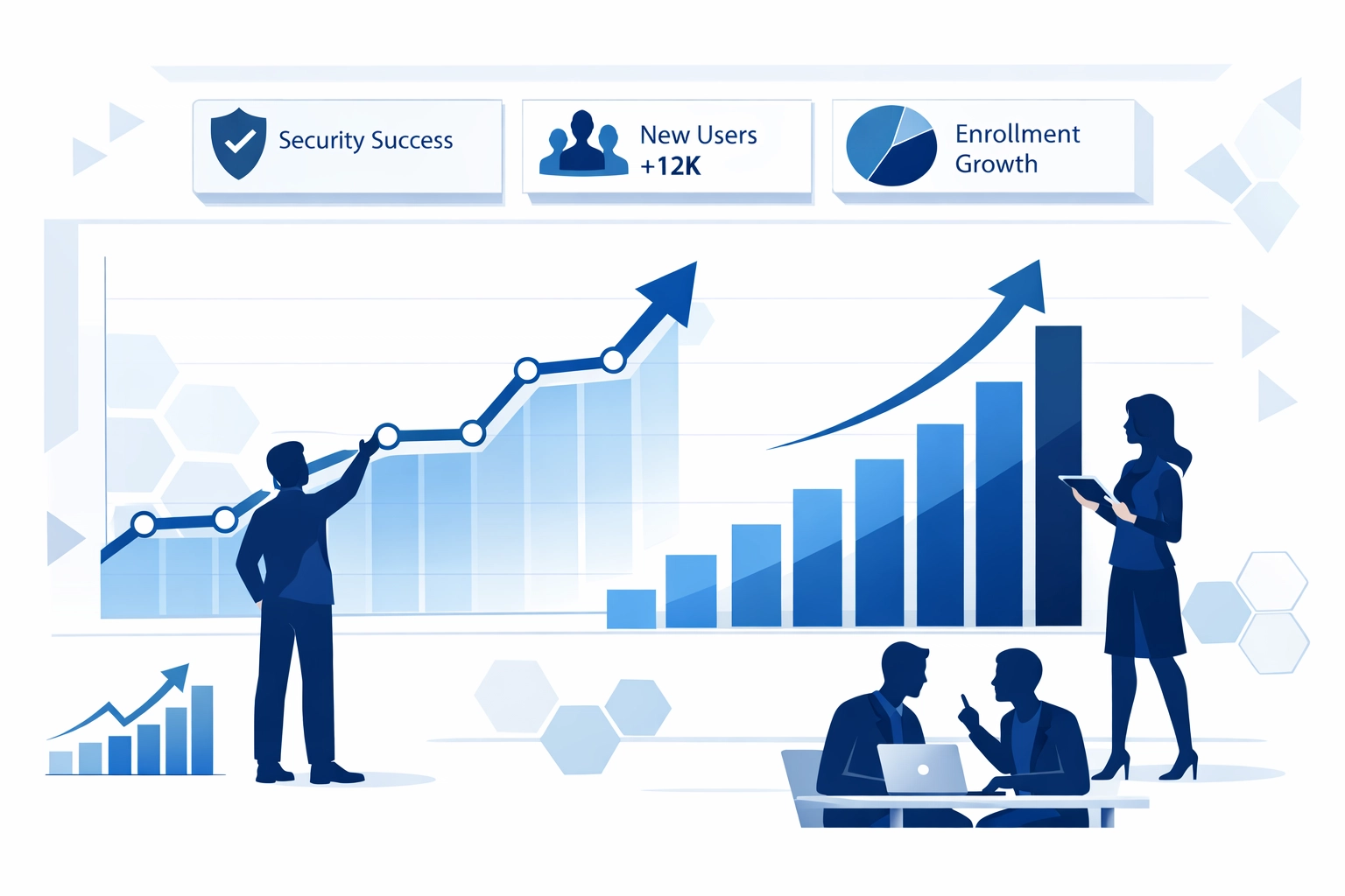 Data dashboard displaying rising passwordless authentication success rates and user satisfaction.