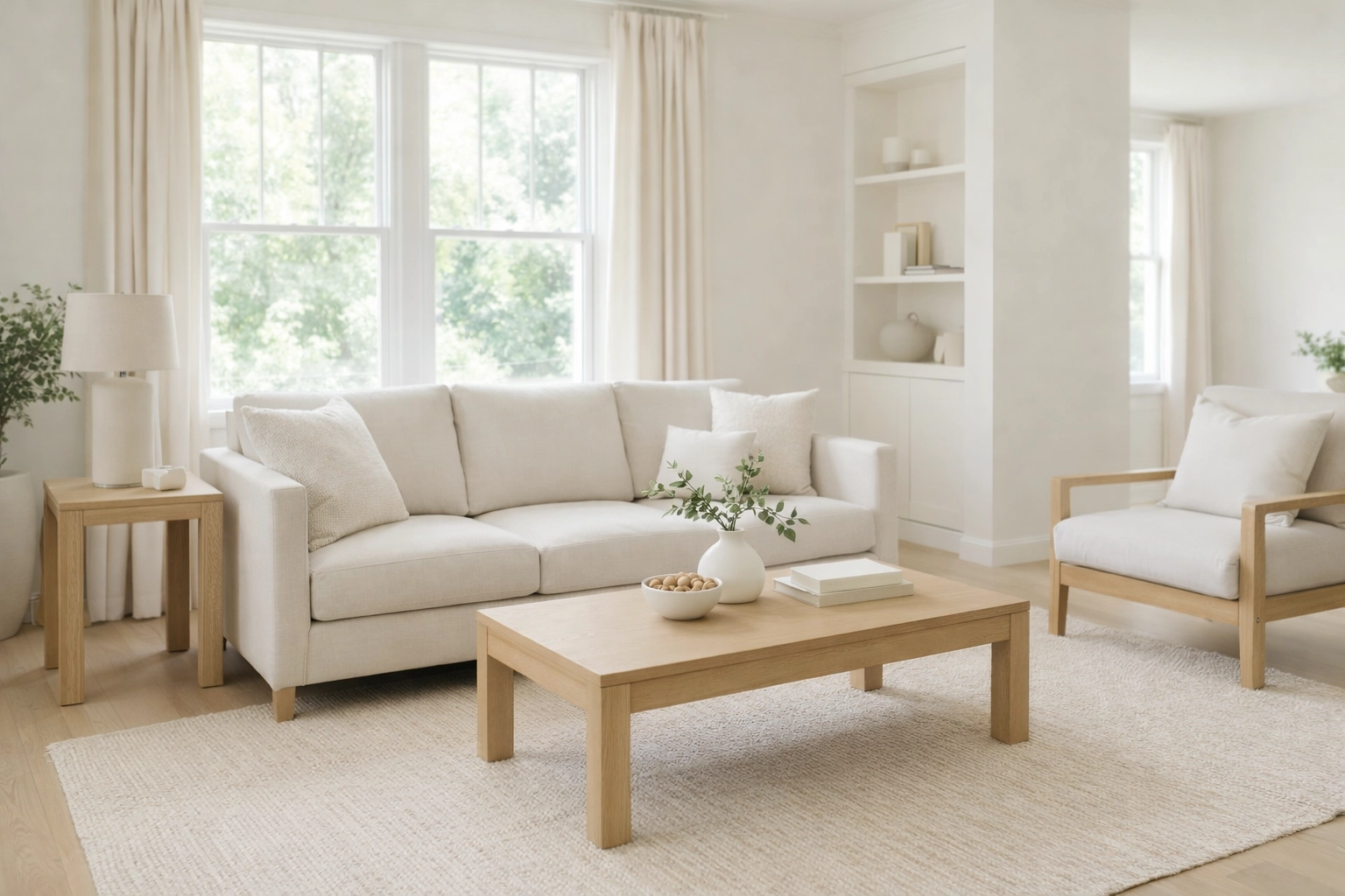 Neutral staged living room with natural light ready for home showing