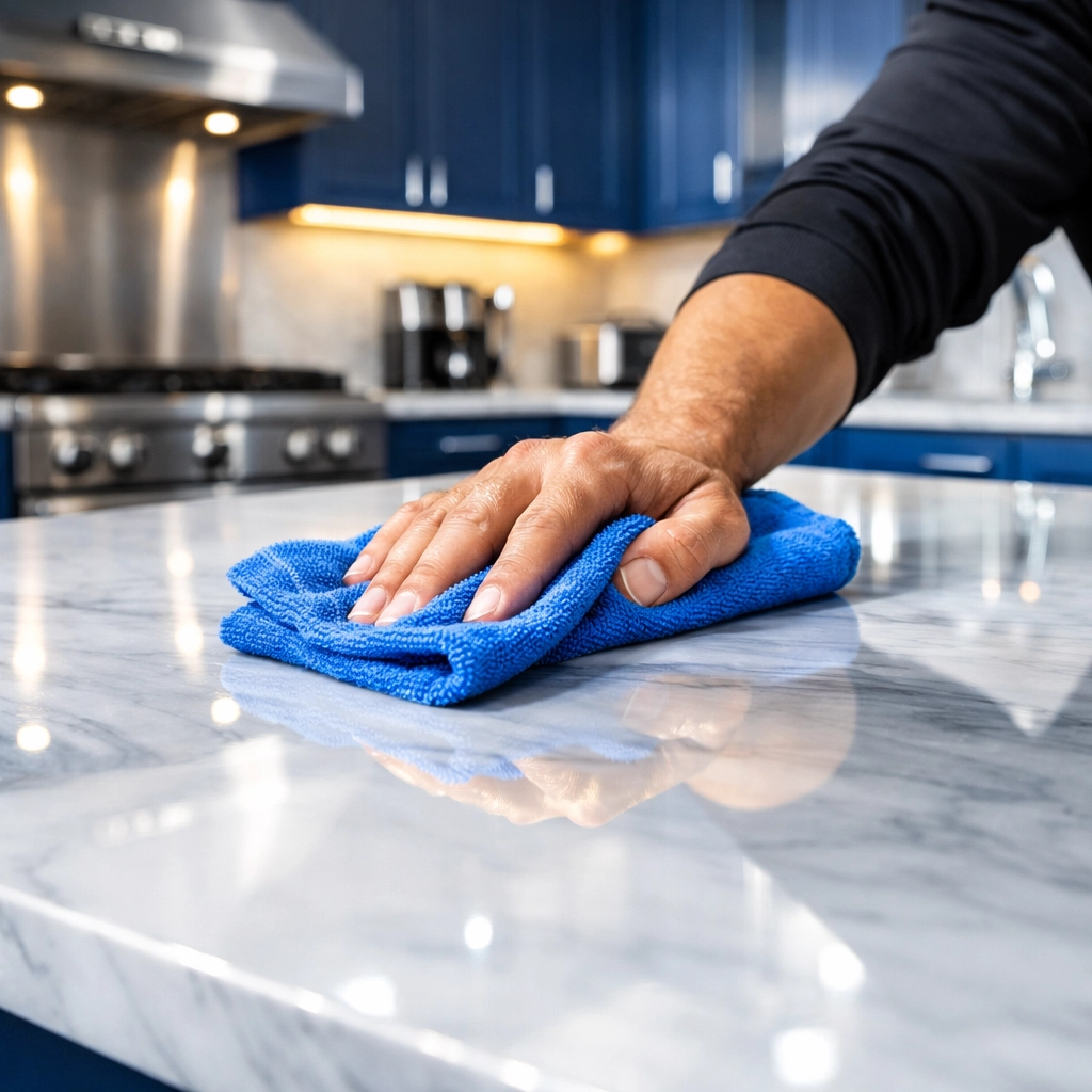 Polished marble kitchen island from a professional residential cleaning service in Groton MA.