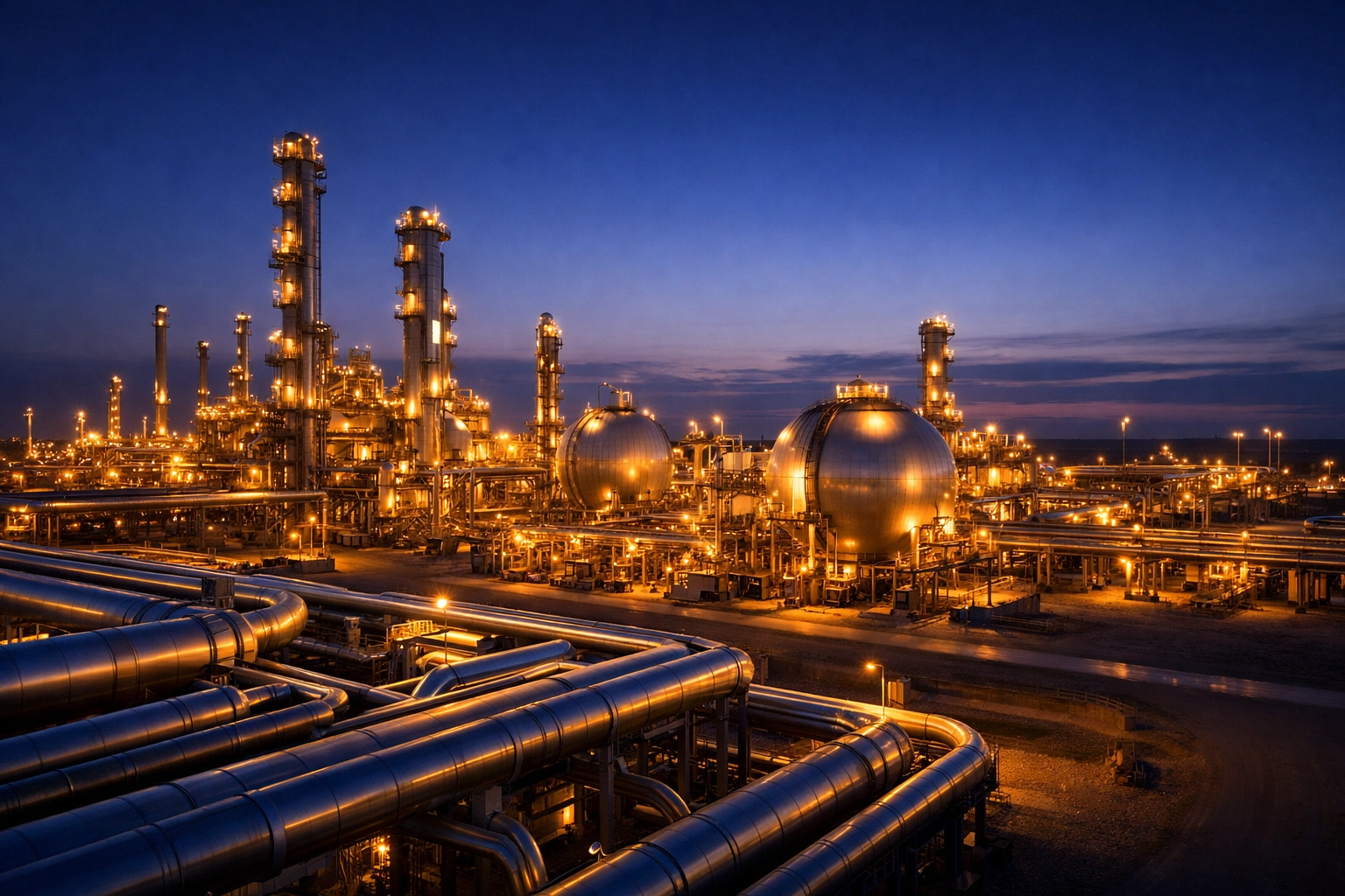 Peaceful view of an industrial natural gas field at night, symbolizing diplomatic restraint and market stability.