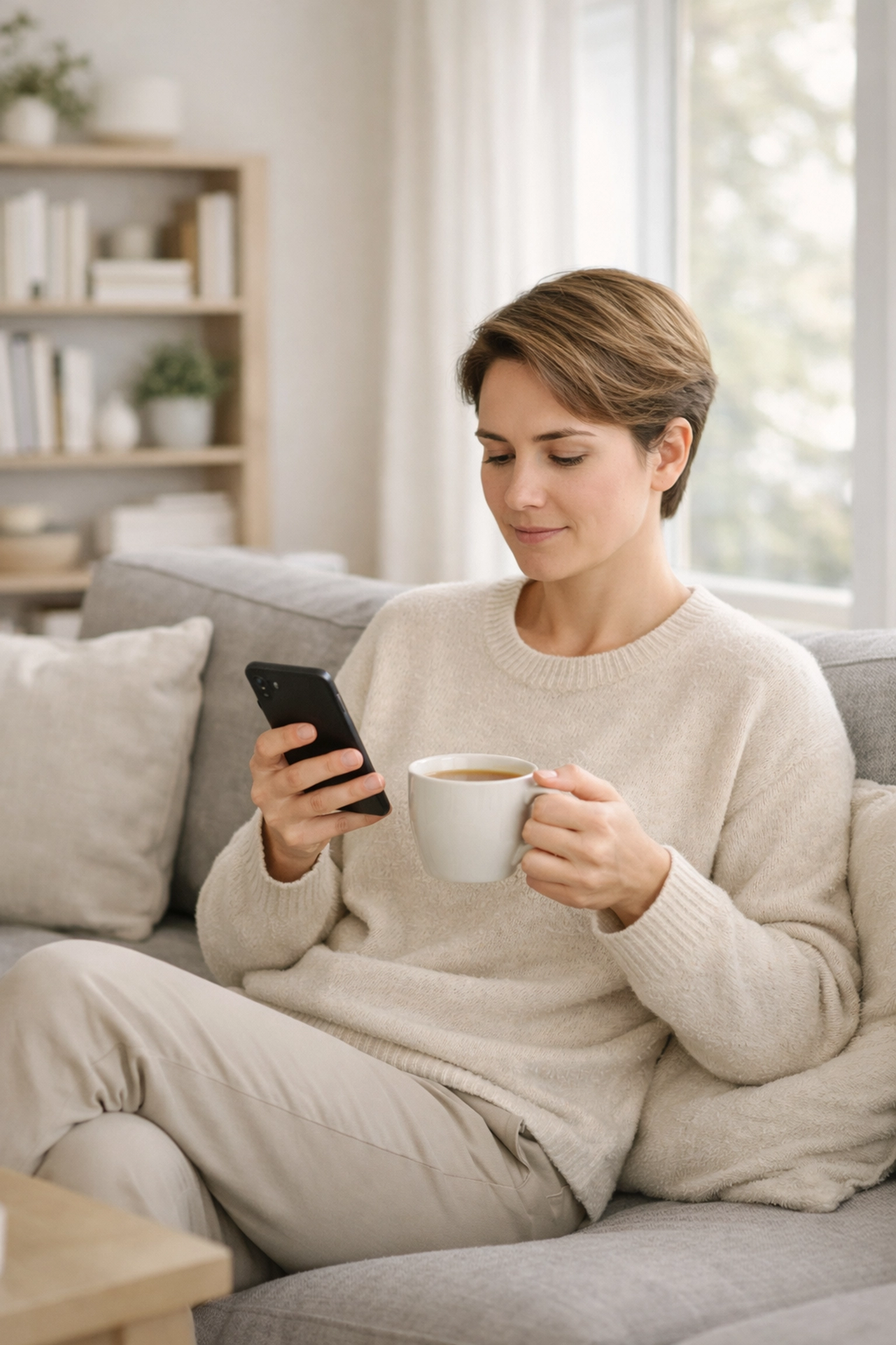 A person applying for a cash loan online in Canada using a smartphone in a modern living room.
