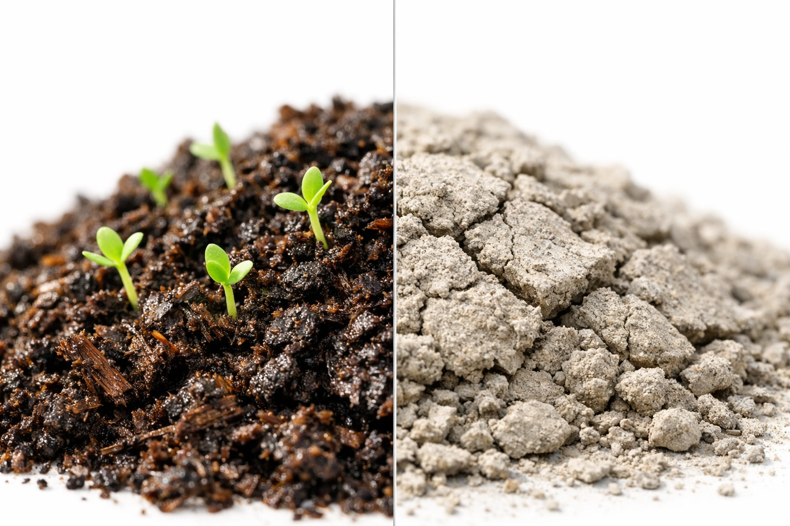Comparison of mineral-rich dark organic compost and dry depleted soil for better garden soil health.