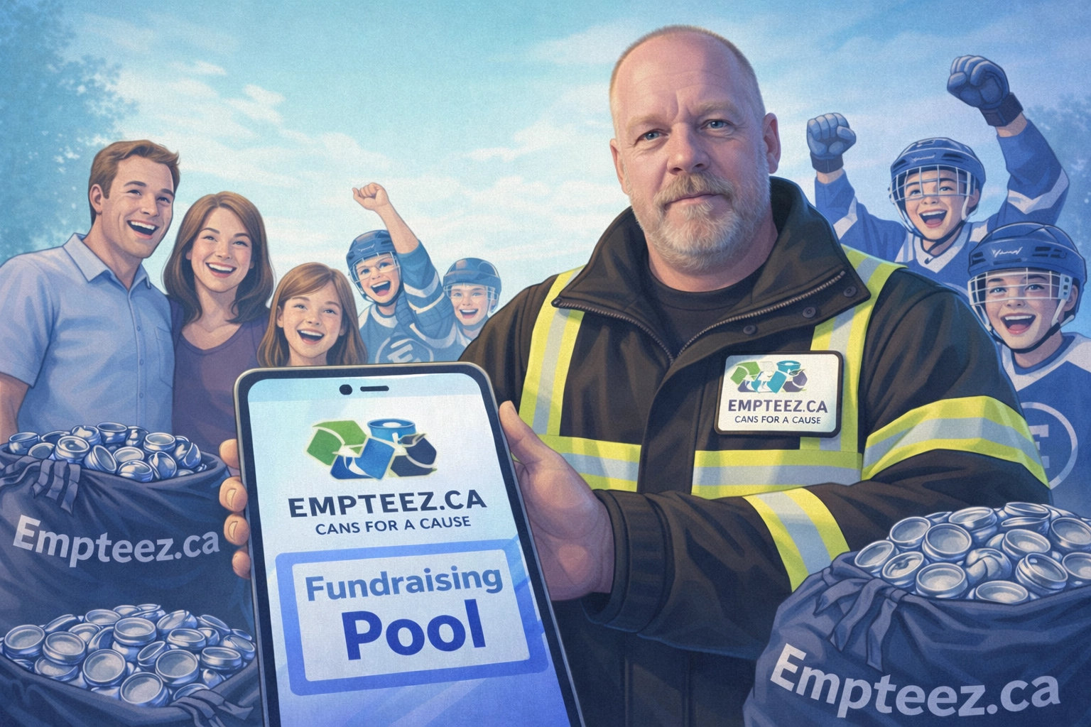 Tim “Can Man” Kemsley with an Empteez.ca fundraising pool—families and a sports team celebrating with Empteez.ca-branded bags of aluminum cans (official Empteez.ca logo visible)