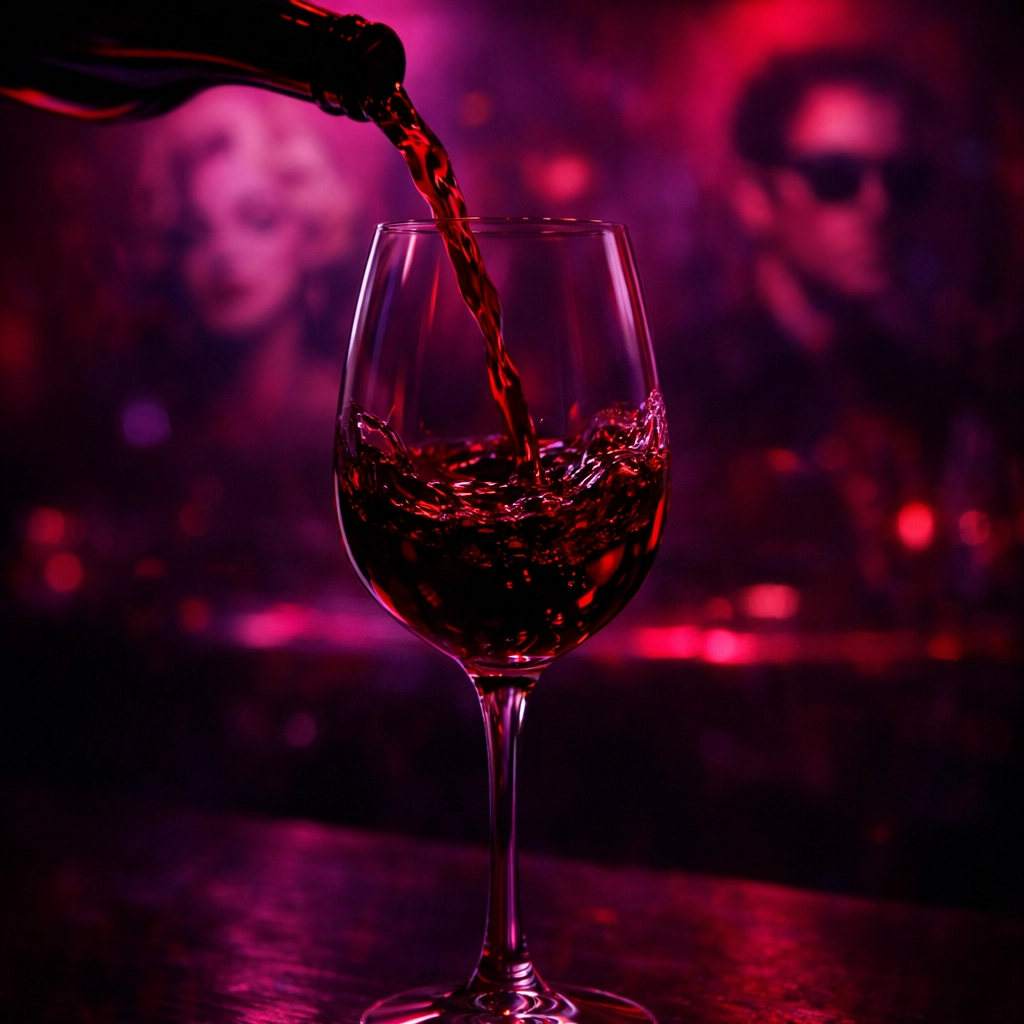 Red wine glass at Fort Lauderdale wine bar with moody lighting and pop art atmosphere