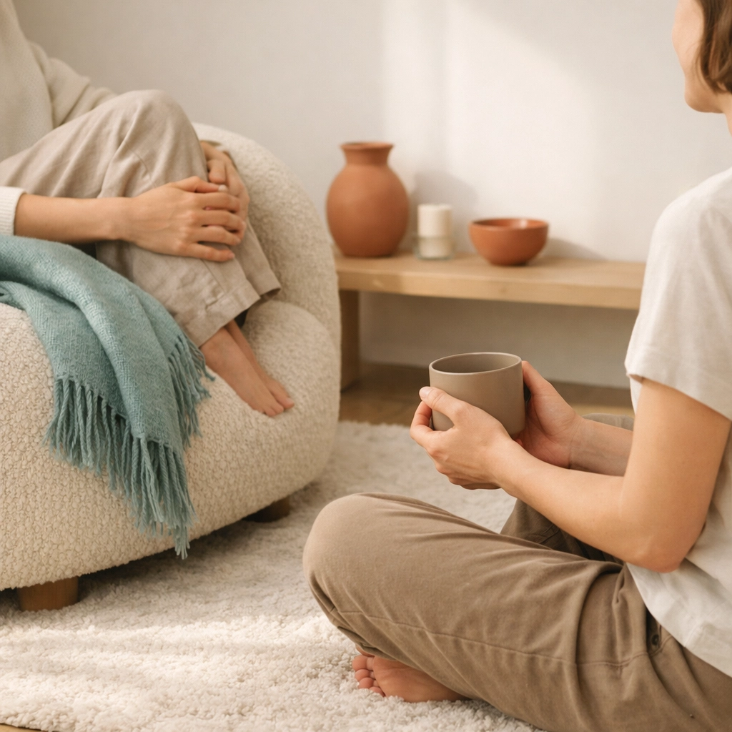 Two people sharing a calm moment of non-verbal connection in a queer-affirming therapy space.