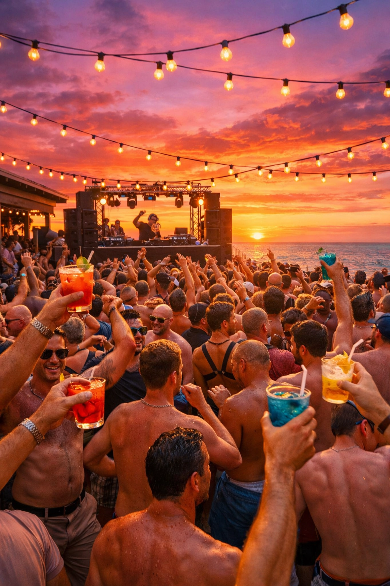 Fire Island Pines Tea Dance with gay men dancing at sunset