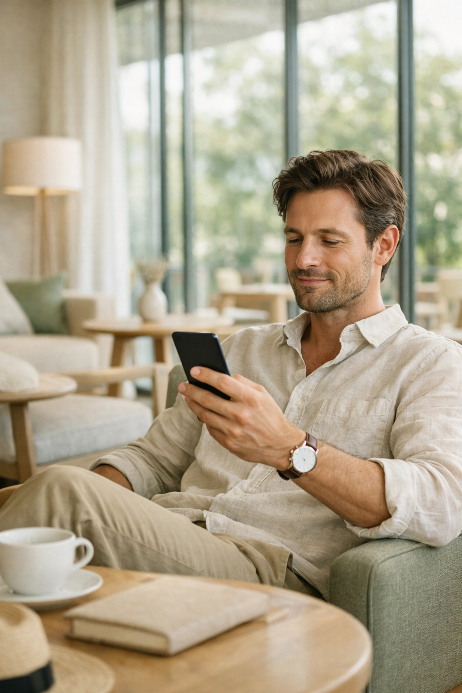 Relaxed traveler using a smartphone in a modern hotel lounge, showcasing a seamless guest experience.