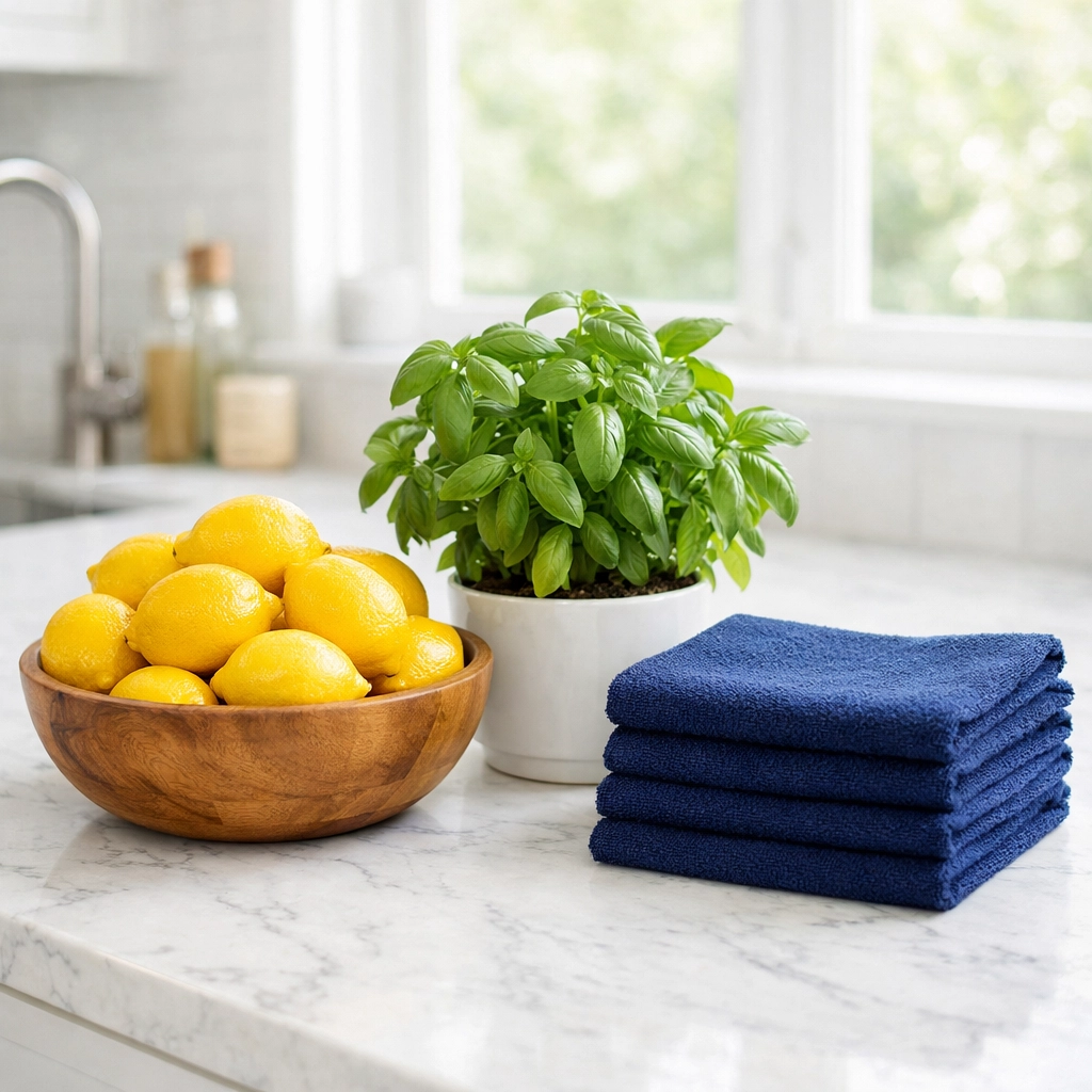 Eco-friendly apartment cleaning Boston in a bright, modern kitchen with marble countertops.