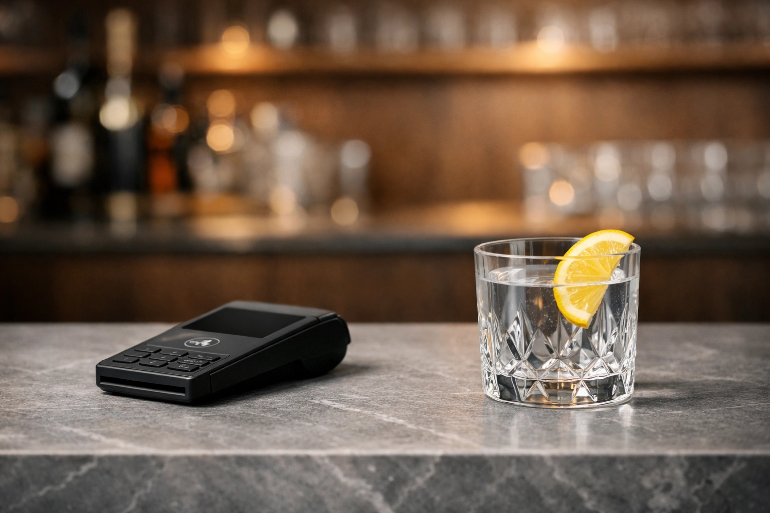 Secure contactless payment terminal on a marble hotel bar for frictionless guest transactions.
