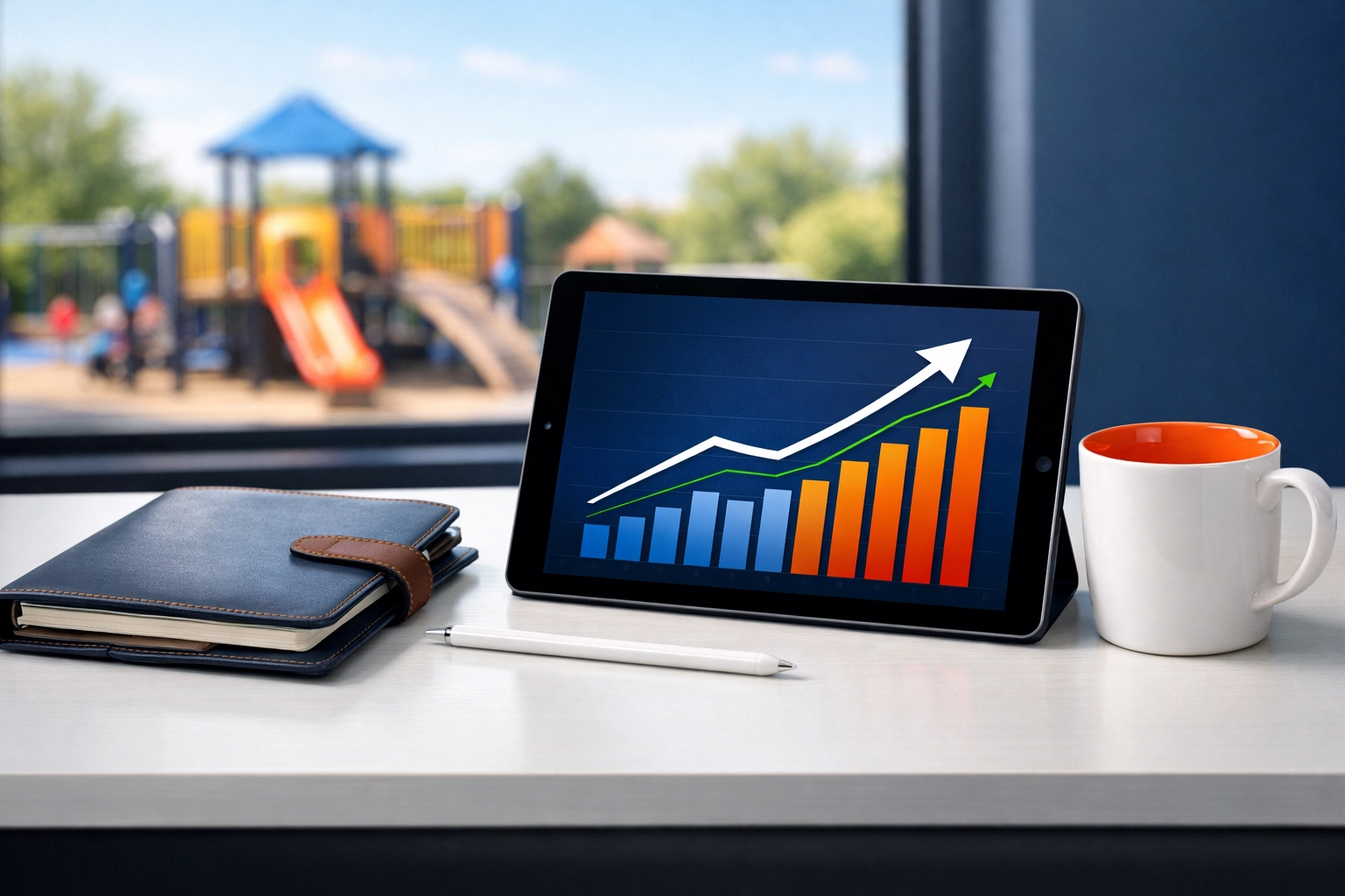 Preschool director office with enrollment growth chart showing successful childcare business valuation.