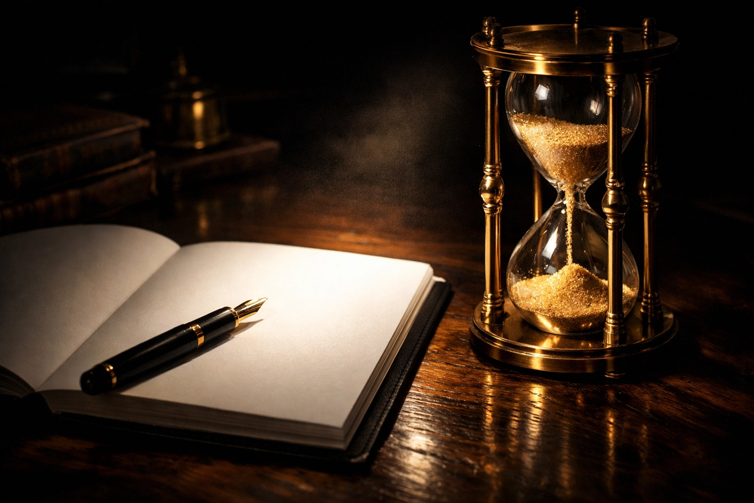 A blank notebook and fountain pen next to a running hourglass, showing the impact of perfectionism on business.