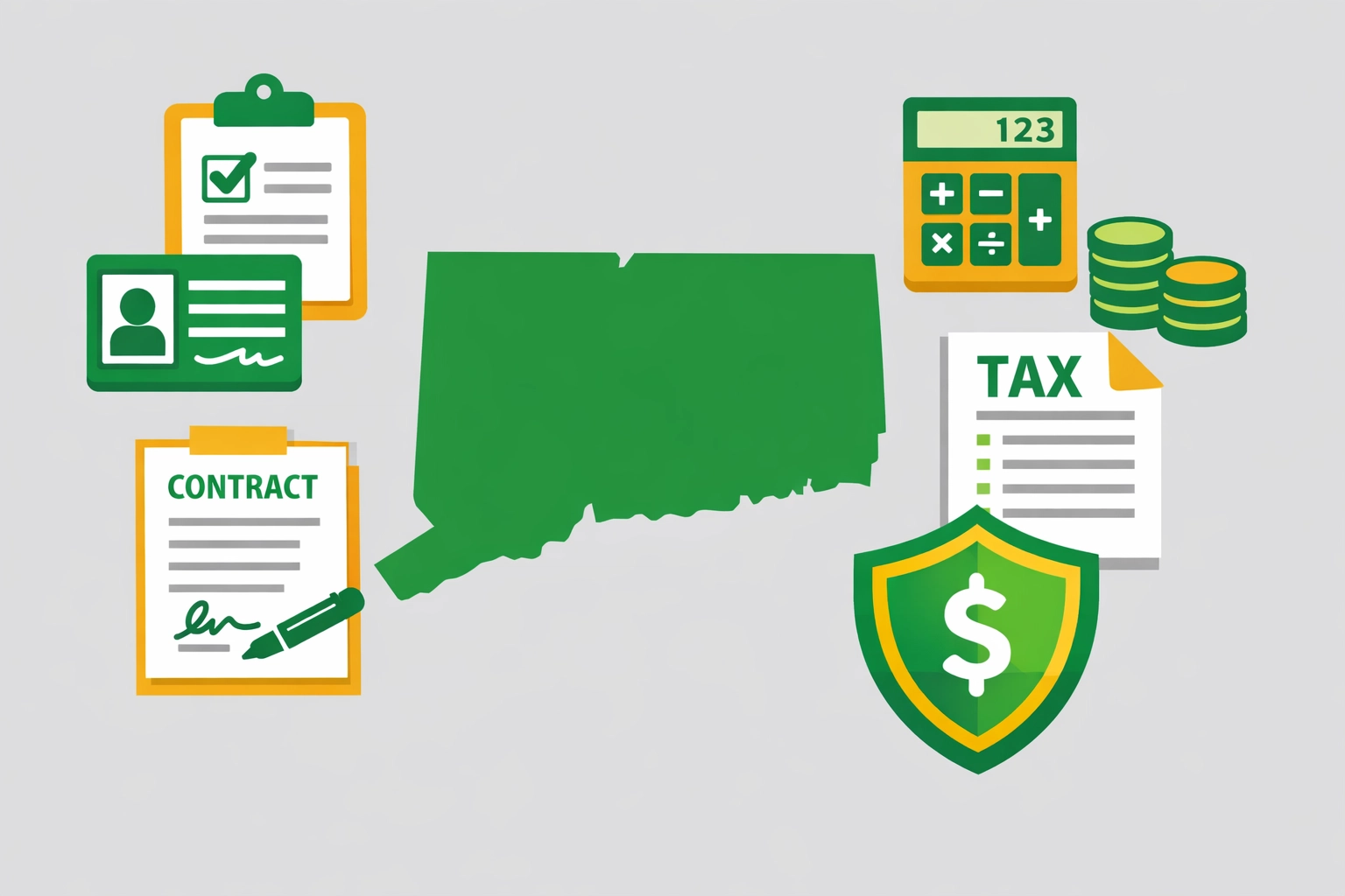 Connecticut state map with tax documents representing local compliance and CT income tax reporting.