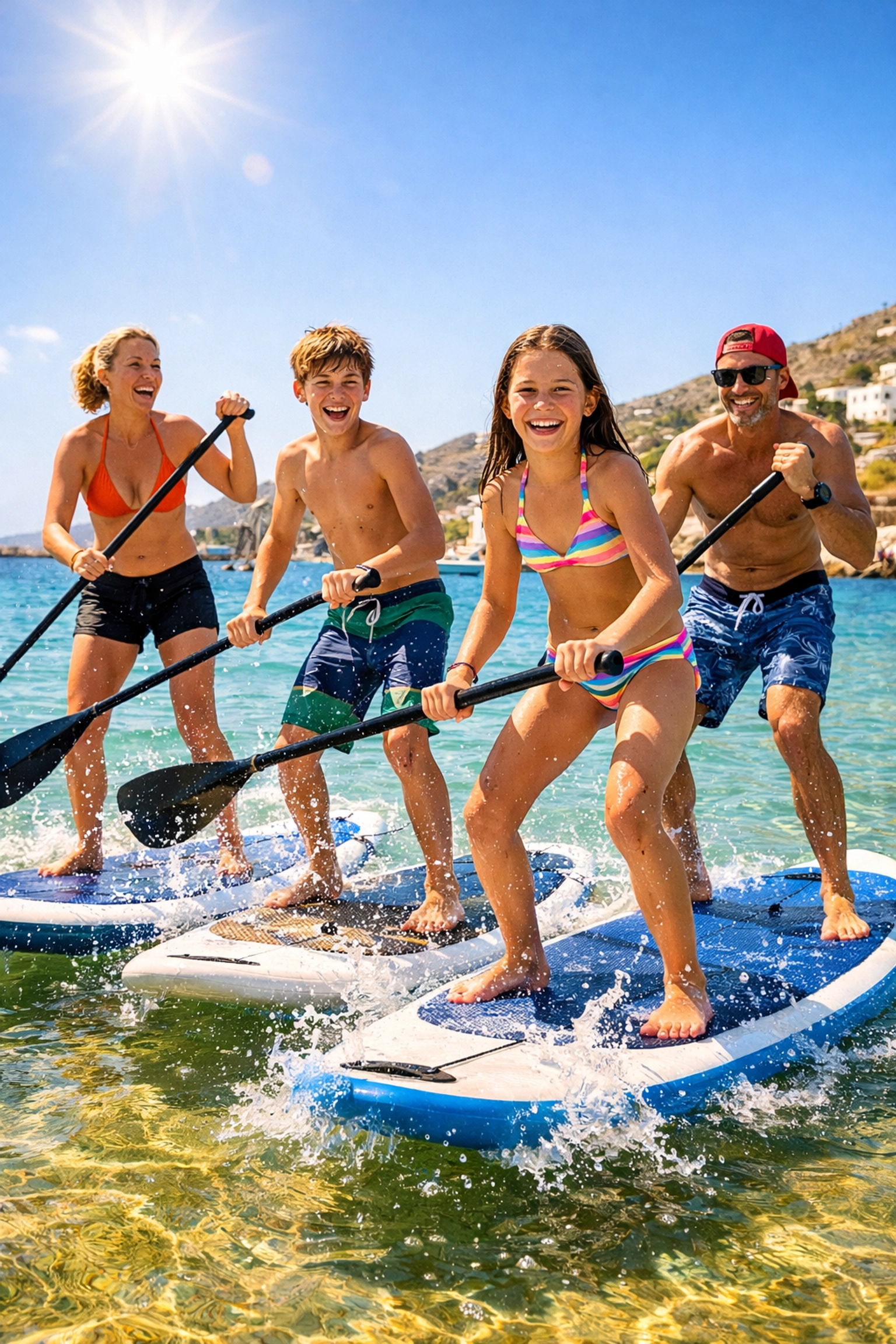 A family with pre-teens stand-up paddleboarding in the crystal-clear turquoise waters of a sandy Greek beach.