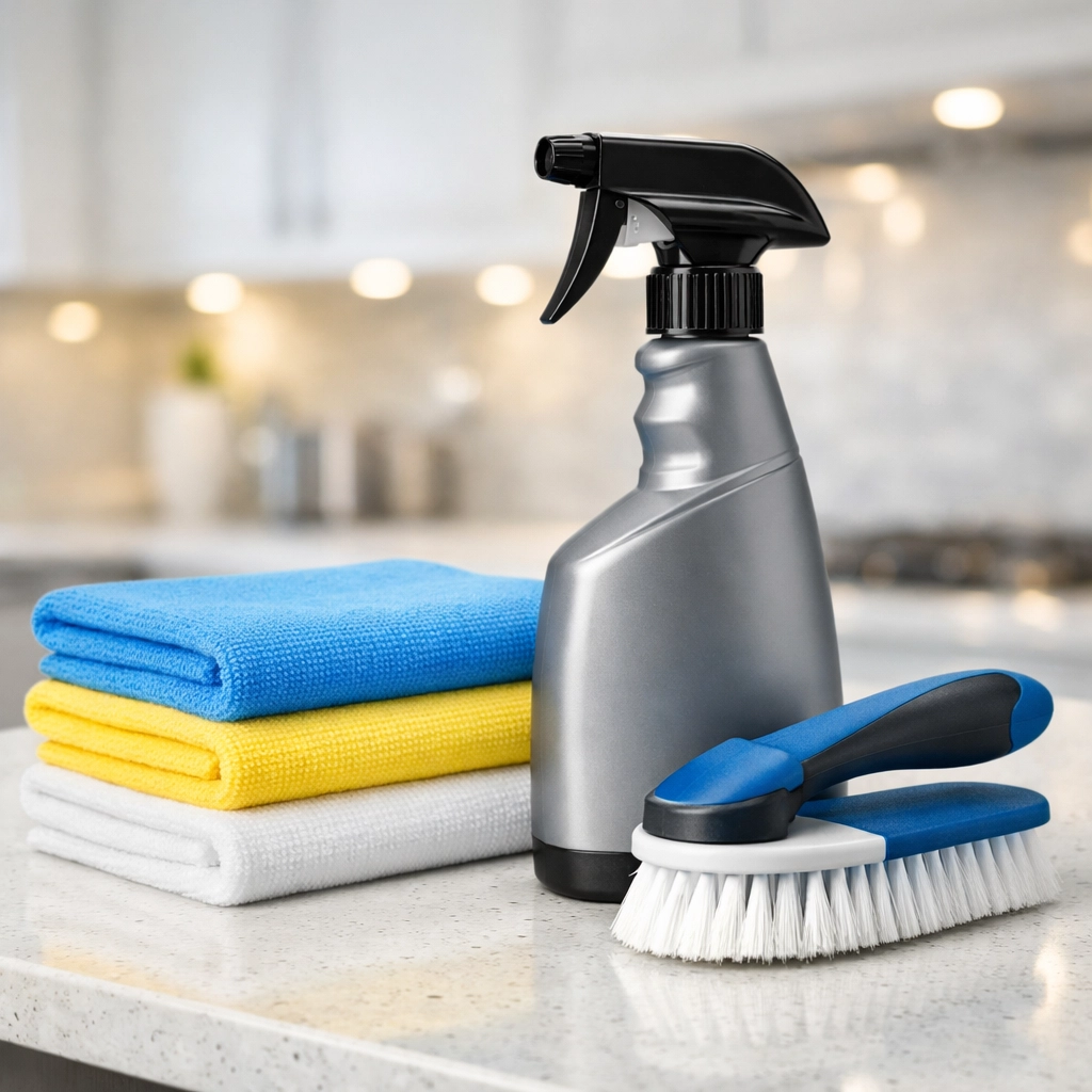 Professional house cleaning tools and microfiber cloths prepped for a deep cleaning in Franklin.