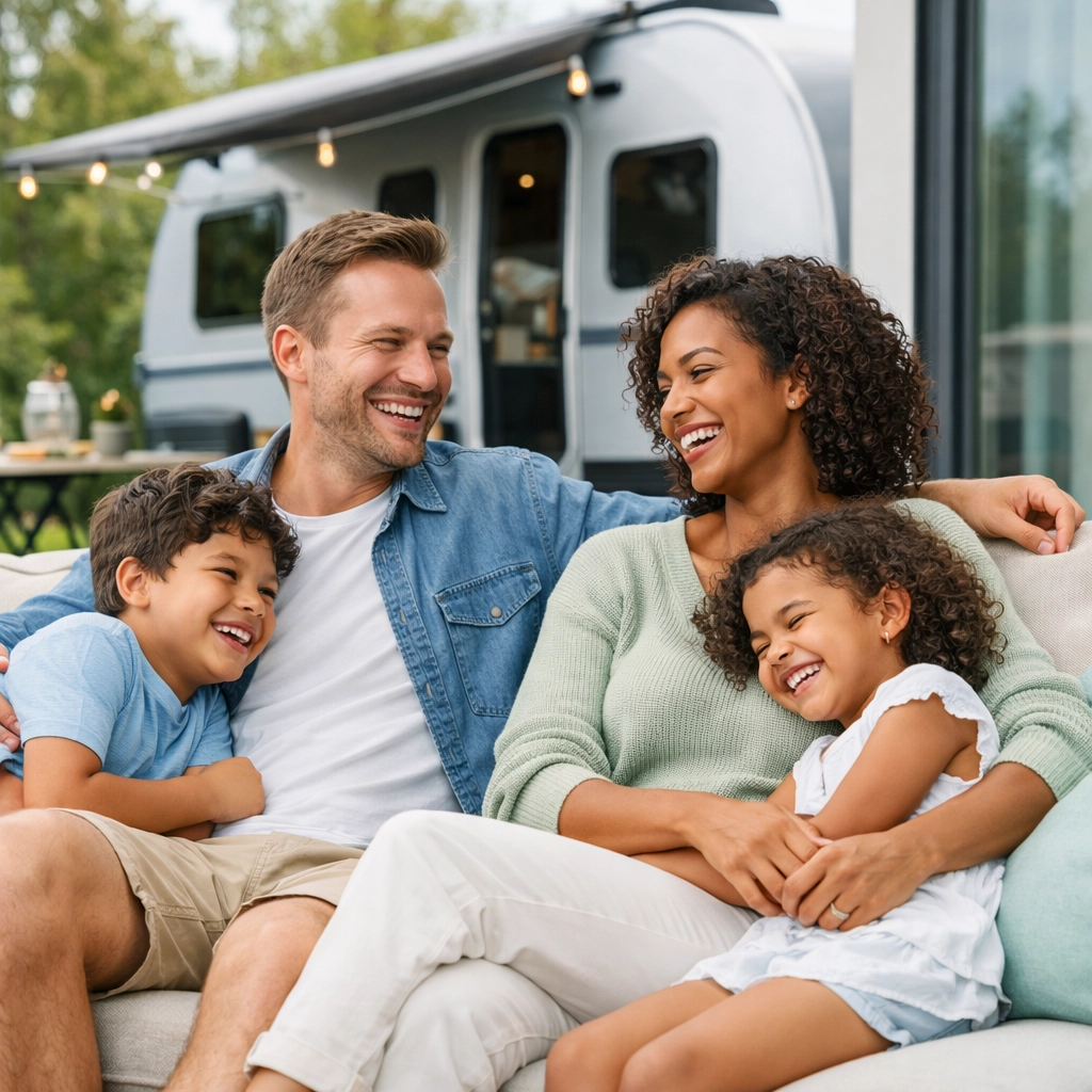 A diverse family relaxes on their patio, enjoying the lifestyle of affordable homeownership.