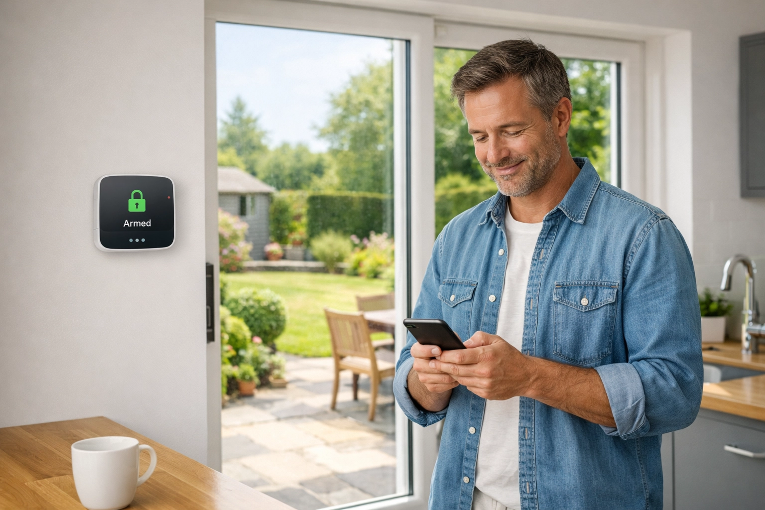 Homeowner using a smartphone app to manage a professional home security system in Oxford.