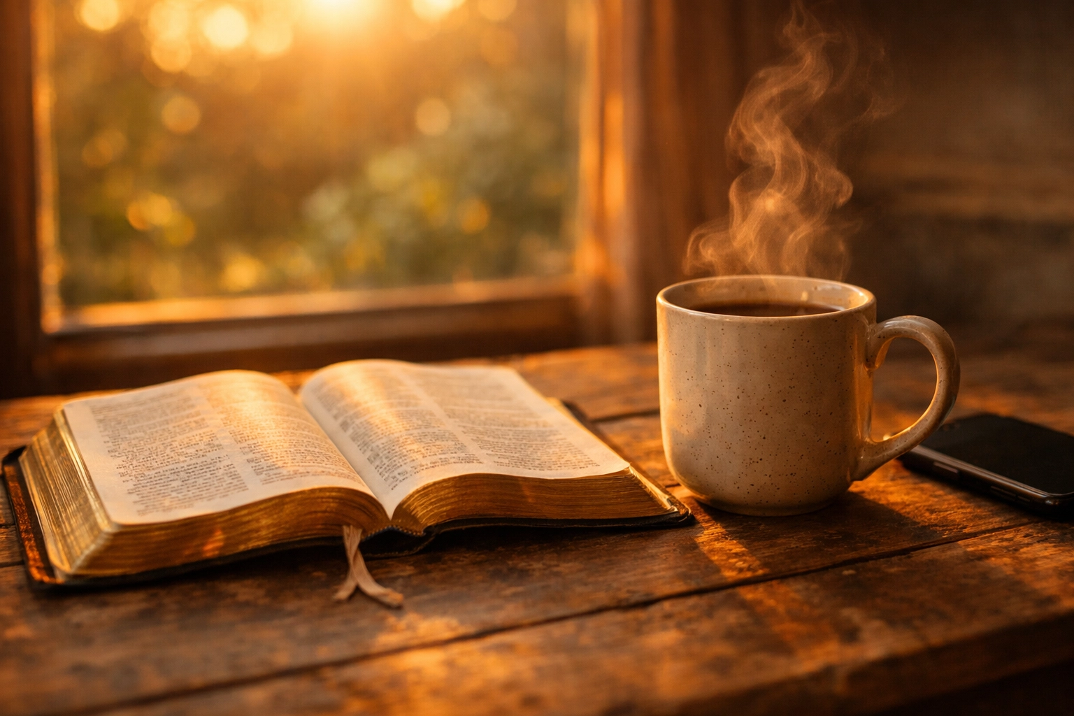 An open Bible and coffee mug on a table at sunset with a phone face-down to represent news boundaries.